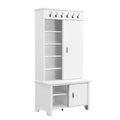 Multifunctional Hall Tree With Sliding Doors, Wooden Hallway Shoe Cabinet With Storage Bench And Shelves, Mudroom Coat Storage With Hanging Hooks For Entryways, White White Mdf