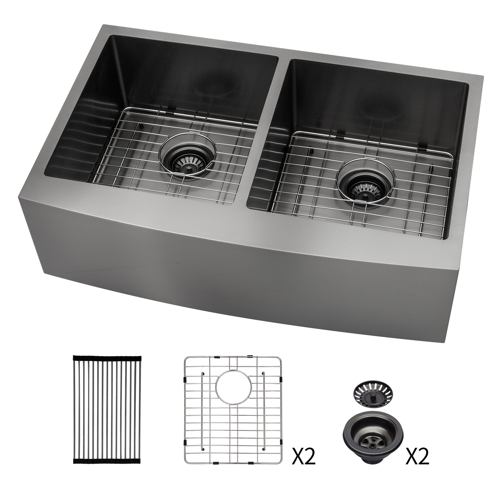 Gunmetal Black Double Bowl 50 50 Farmhouse Sink 33"X21"X10"Stainless Steel Apron Front Kitchen Sink 16 Gauge With Two 10" Deep Basin Gunmetal Black Stainless Steel