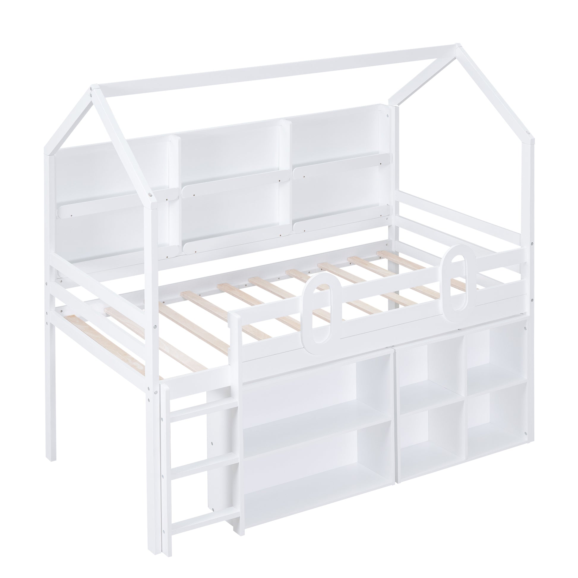 Twin Size House Loft Bed With Multiple Storage Shelves, White Box Spring Not Required White Wood Solid Wood Mdf