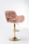Hengming Bar Stool 2 Piece Set, Hollowed Out Braces Handrail, Height Adjustable, Suitable For Living Room, Study, Bar, Cafe Pink Faux Fur