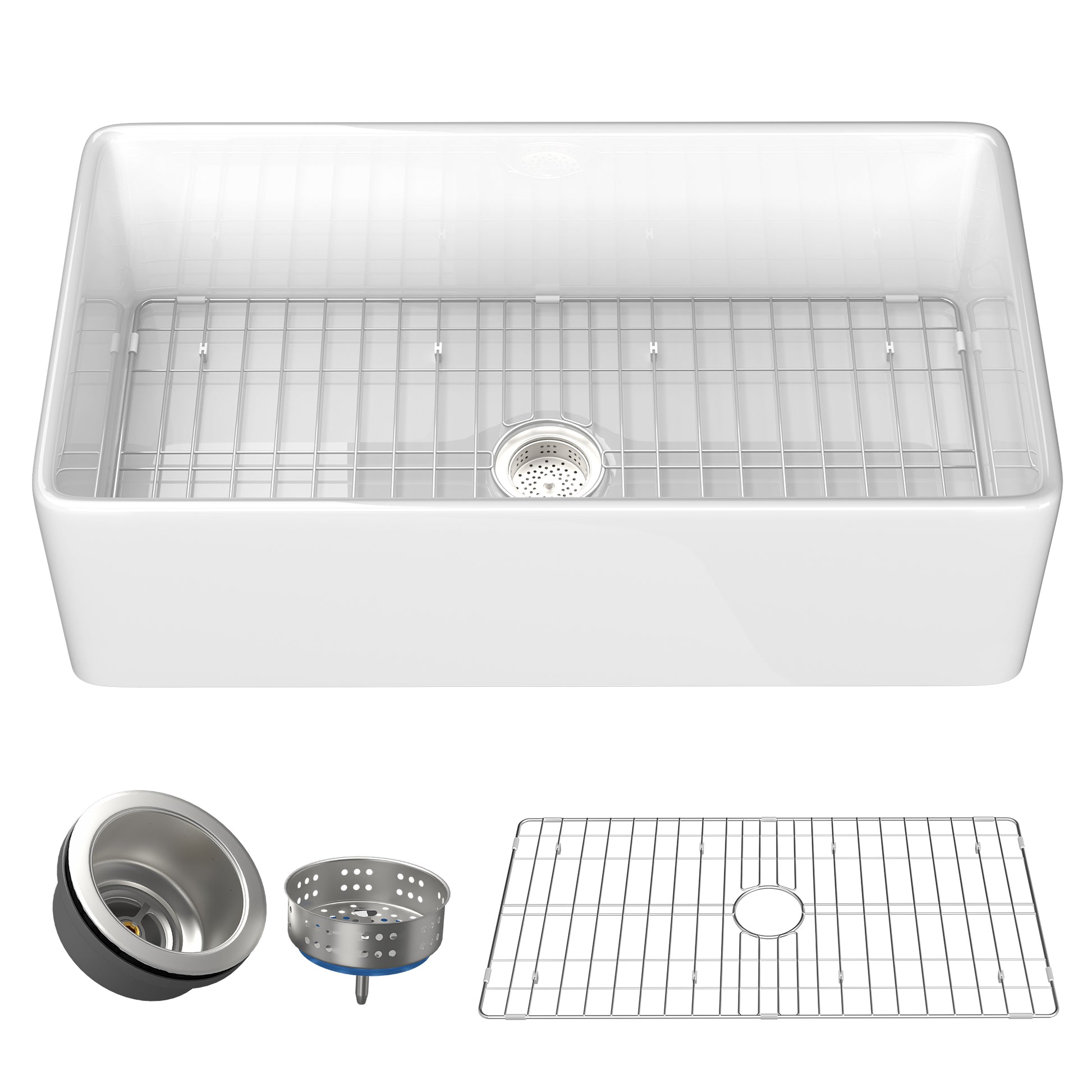 33 Inch Fireclay Farmhouse Kitchen Sink White Single Bowl Apron Front Kitchen Sink, Bottom Grid And Kitchen Sink Drain Included Natural Kitchen Modern Fireclay