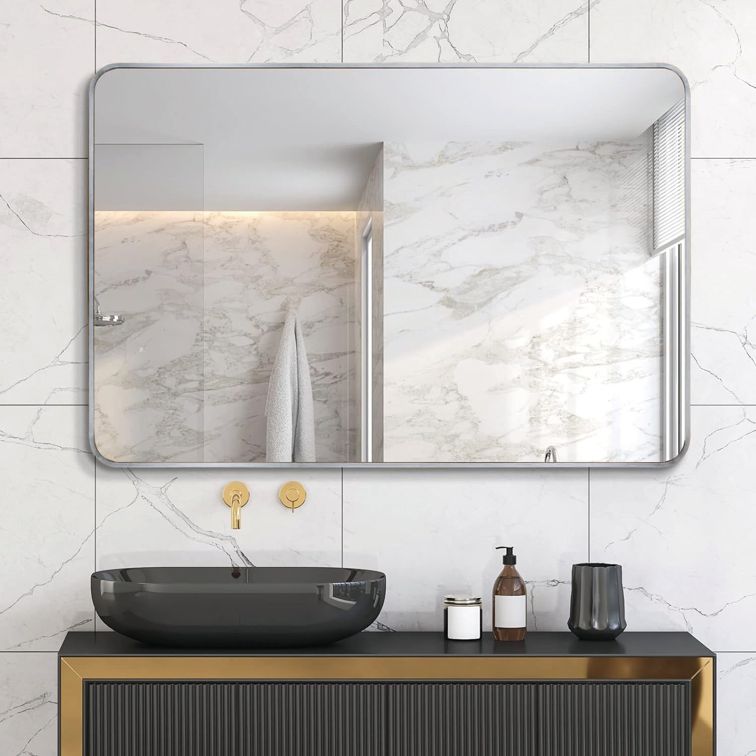 Silver 30 "X40" Rectangular Bathroom Wall Mirror Black Classic,Modern Mdf Glass Aluminium