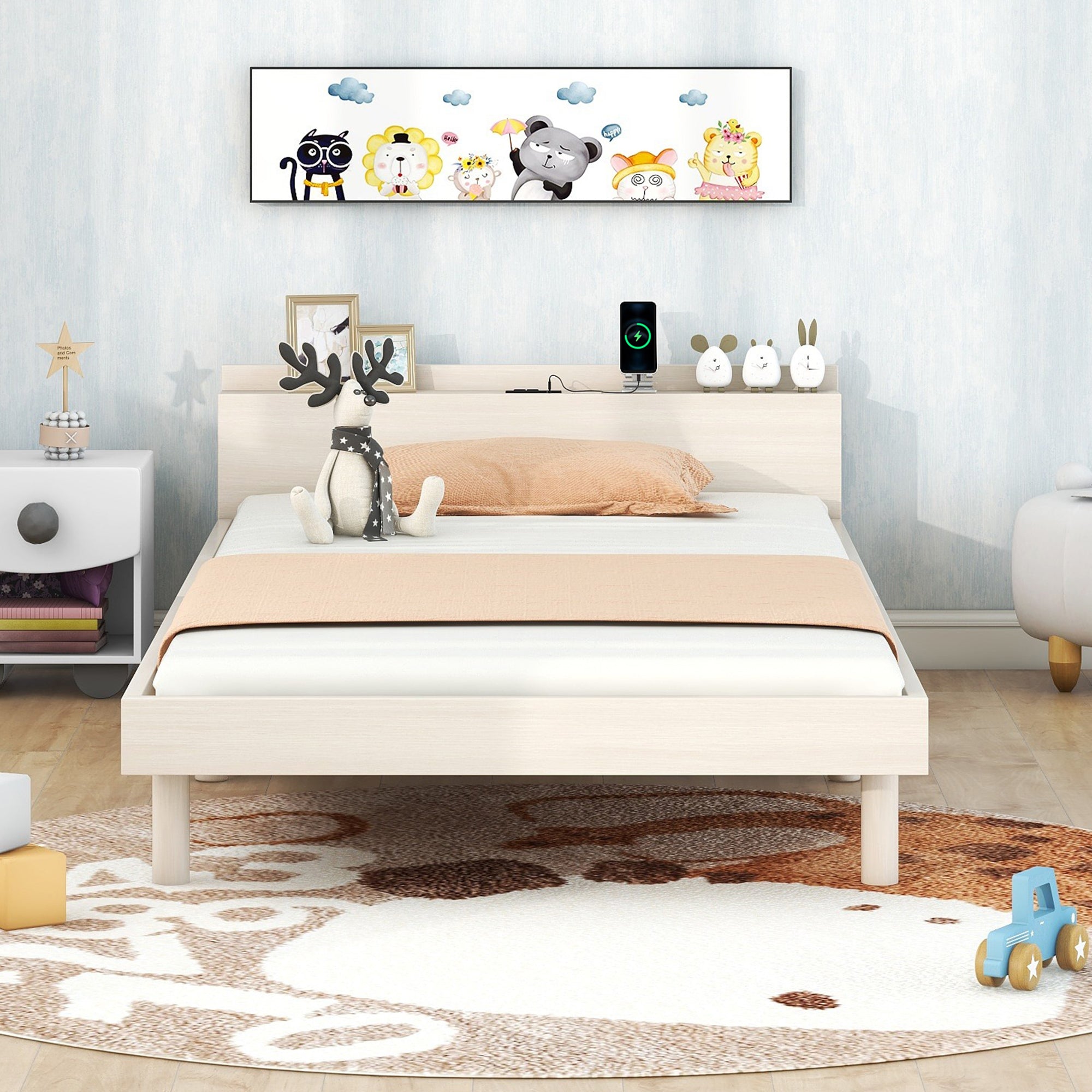 Modern Design Twin Size Platform Bed Frame With Built In Usb Ports For White Washed Color White Washed Particle Board