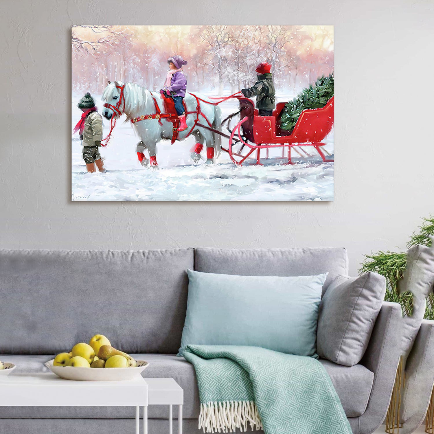 Framed Canvas Wall Art Decor Painting For Chrismas, White Horse With Sledge Chrismas Gift Painting For Chrismas Gift, Decoration For Chrismas Eve Living Room, Bedroom Decor 2418In Thickness 1.5Inch Rectangle Framed Multicolor Christmas Oversized 41In