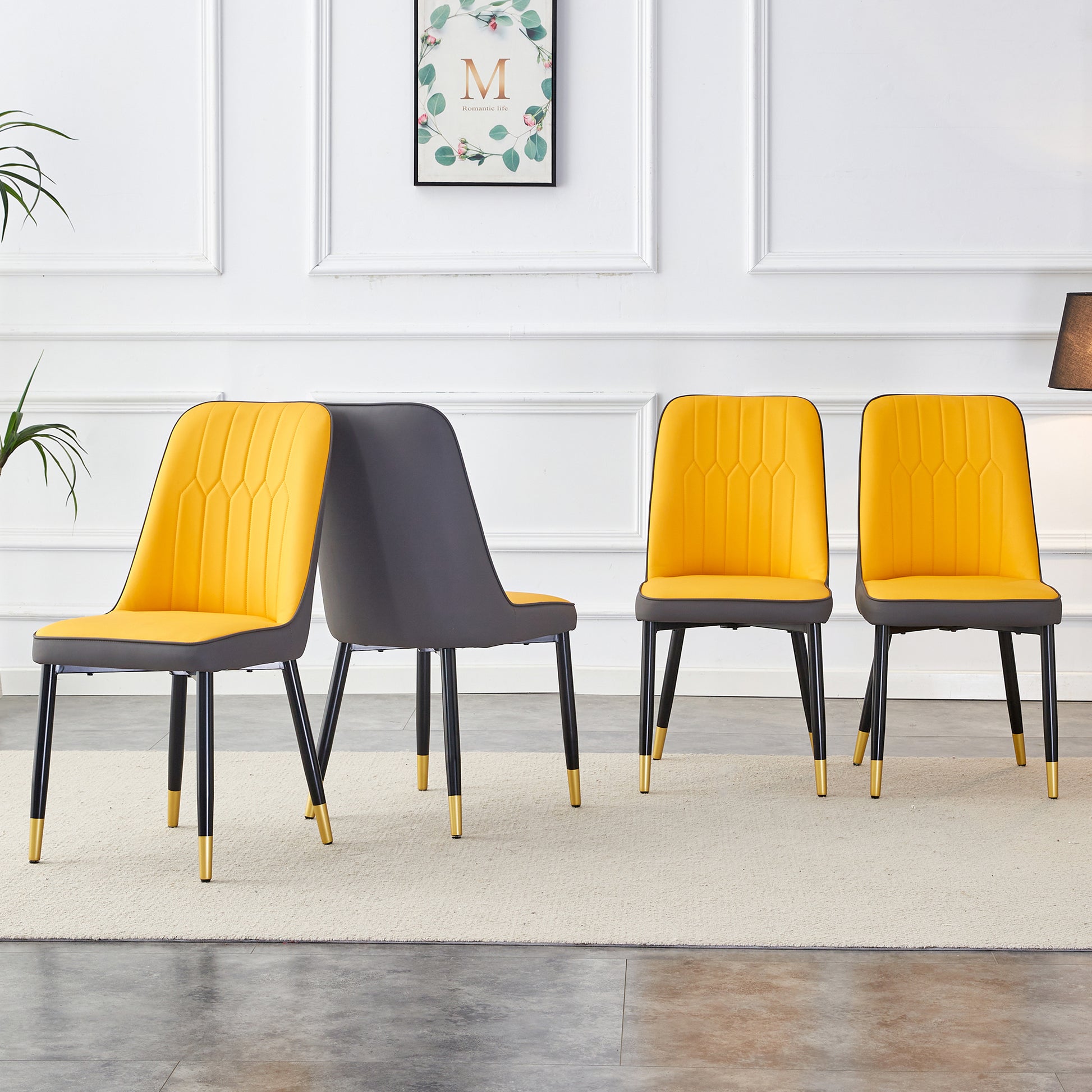 Table And Chair Set, 1 Table, 4 Pu Chairs. White Imitation Marble Pattern Desktop. Black Mdf Table Legs. Chair With Orange Deep Gray Dual Tone Pu Leather Backrest And Black Metal Legs F Sq C 007 White Mdf Glass