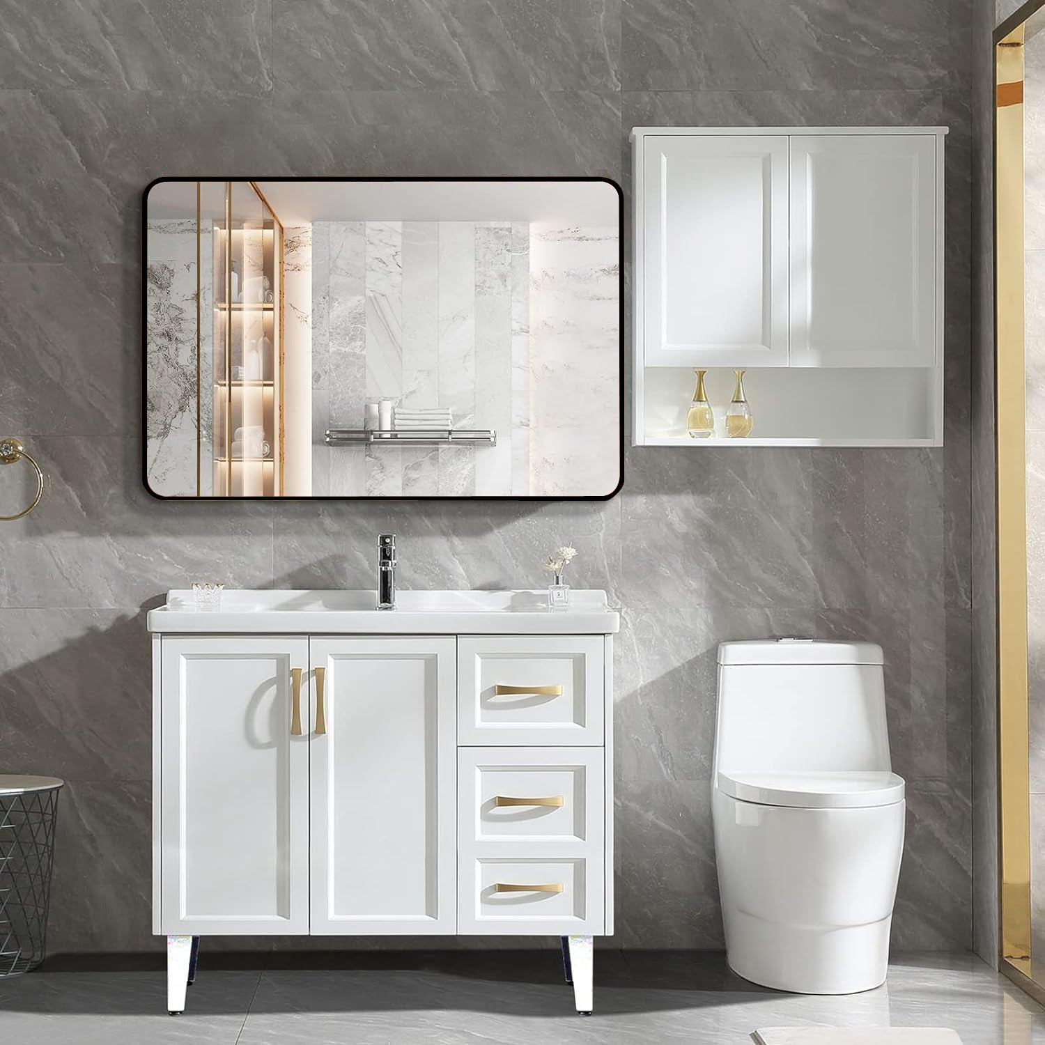 Black 30 "X40" Rectangular Bathroom Wall Mirror Black Classic,Modern Mdf Glass Aluminium