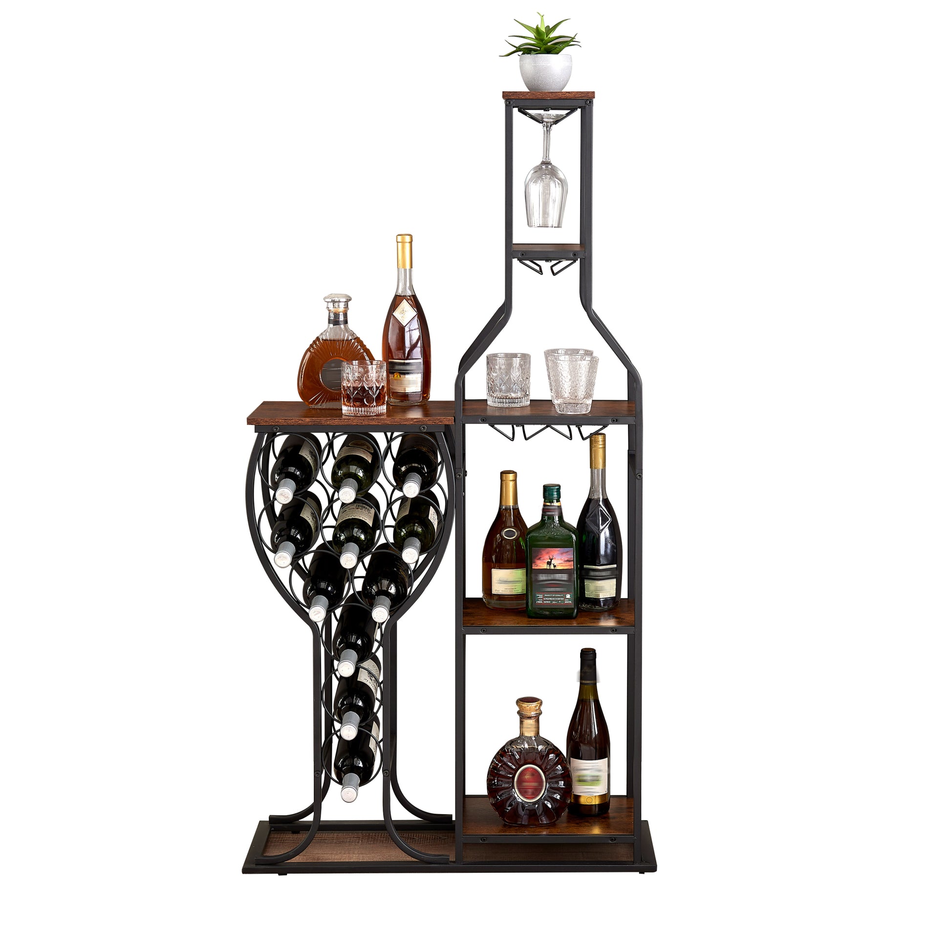 11 Bottle Wine Bakers Rack, 5 Tier Freestanding Wine Rack With Hanging Wine Glass Holder And Storage Shelves, Wine Storage Home Bar For Liquor And Wine Storagefor Kitchen, Dining Room Antique Brown Metal & Wood Metal & Wood