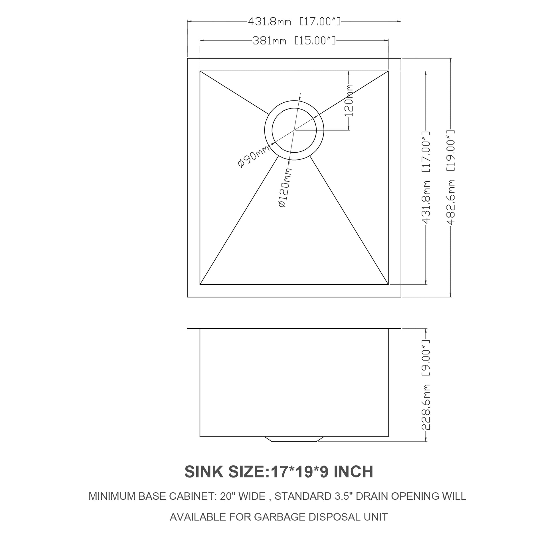 17 Inch Undermount Sink 17"X19"X9" Undermount Stainless Steel Kitchen Sink 18 Gauge 9 Inch Deep Single Bowl Kitchen Sink Basin Brushed Nickel Stainless Steel