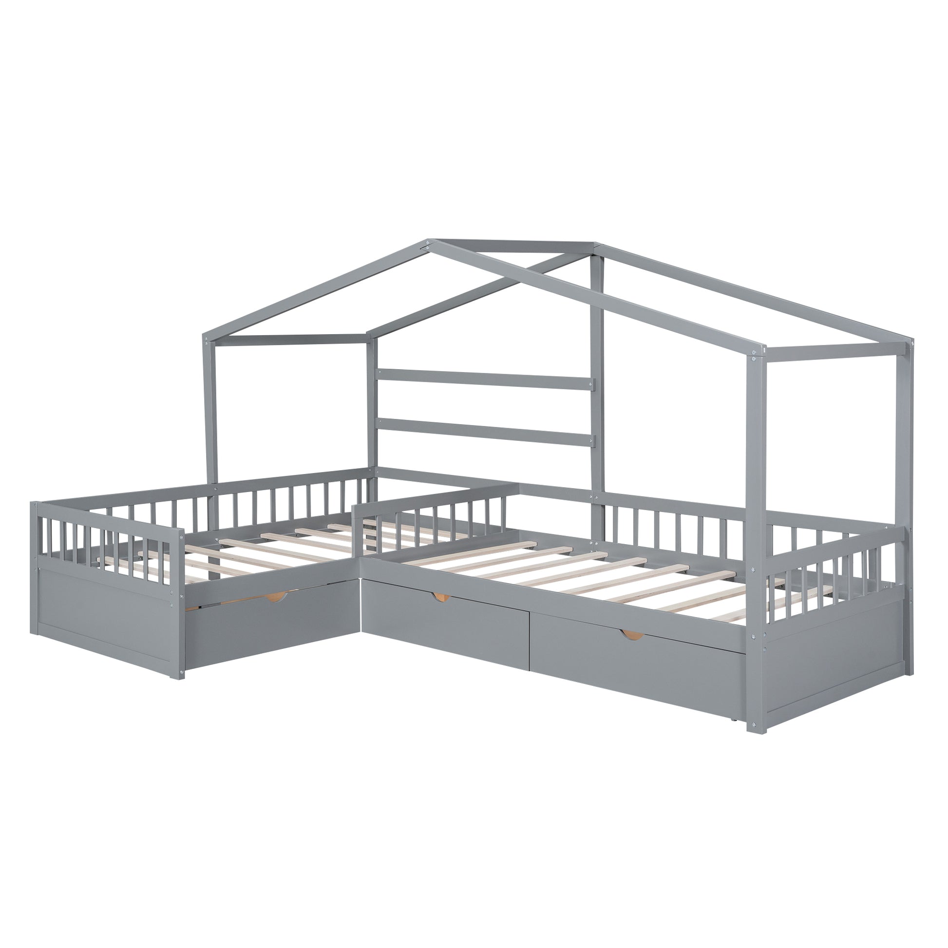 Twin Size House Platform Bed With Three Storage Drawers,Gray Box Spring Not Required Twin Gray Wood Bedroom Pine
