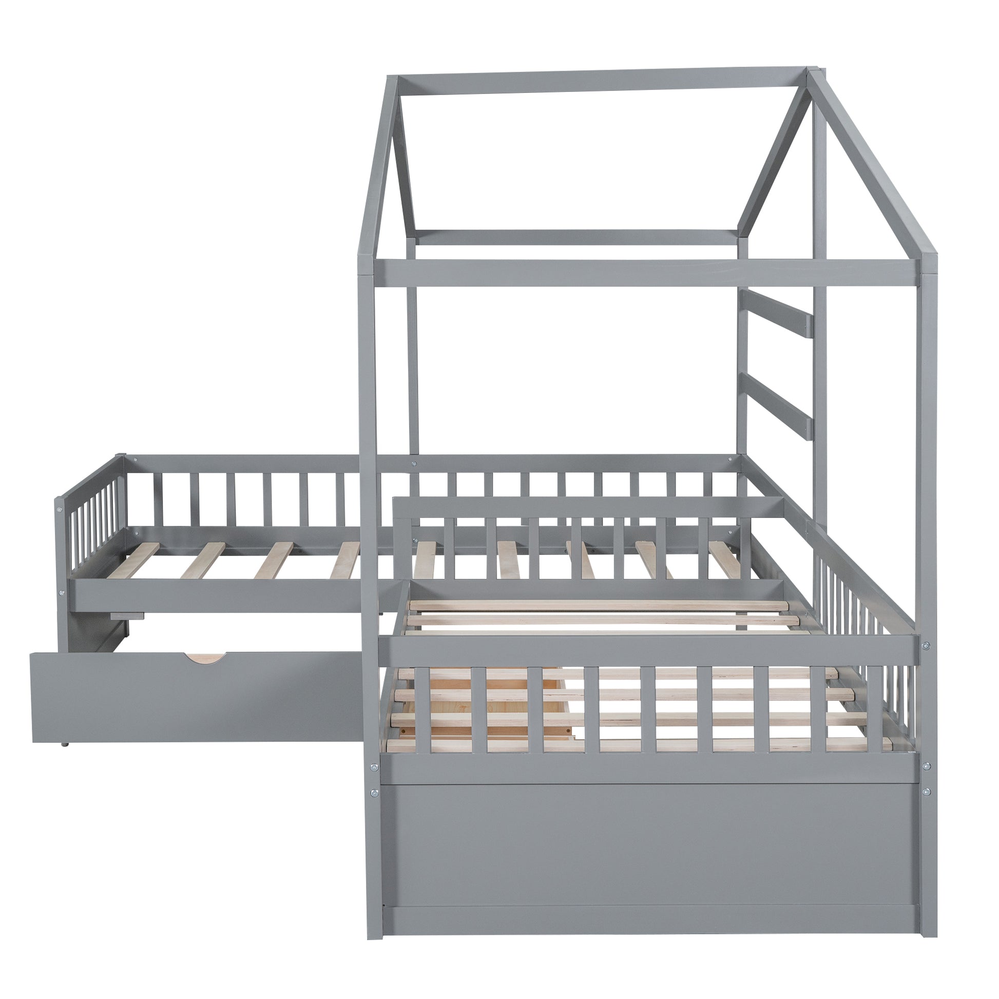 Twin Size House Platform Bed With Three Storage Drawers,Gray Box Spring Not Required Twin Gray Wood Bedroom Pine