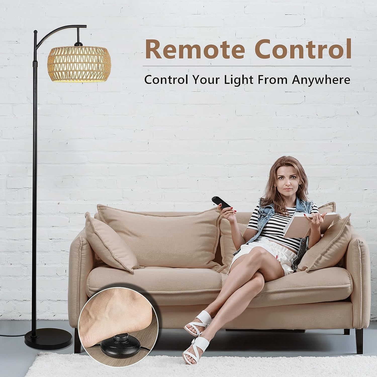 Arc Floor Lamp With Remote Control Brown Table&Floor Lamps Rattan