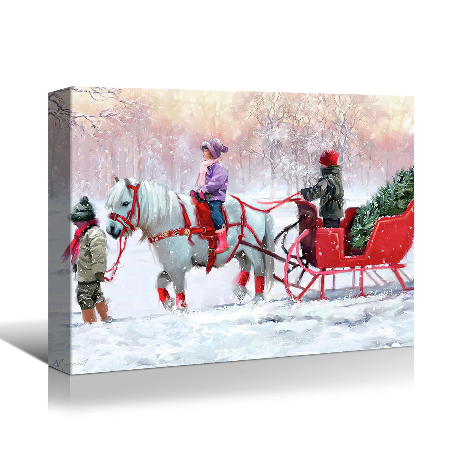 Framed Canvas Wall Art Decor Painting For Chrismas, White Horse With Sledge Chrismas Gift Painting For Chrismas Gift, Decoration For Chrismas Eve Living Room, Bedroom Decor 2418In Thickness 1.5Inch Rectangle Framed Multicolor Christmas Oversized 41In