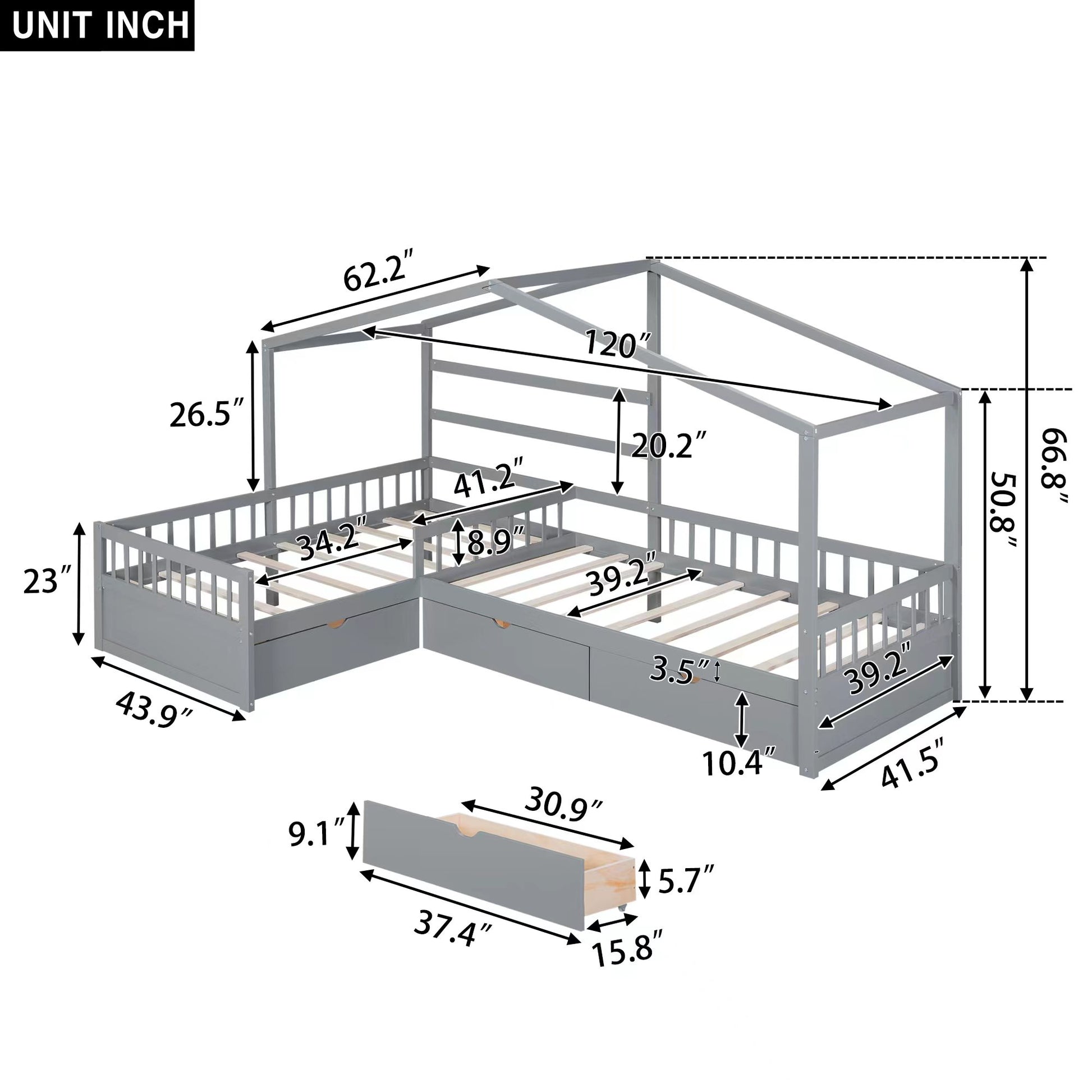 Twin Size House Platform Bed With Three Storage Drawers,Gray Box Spring Not Required Twin Gray Wood Bedroom Pine