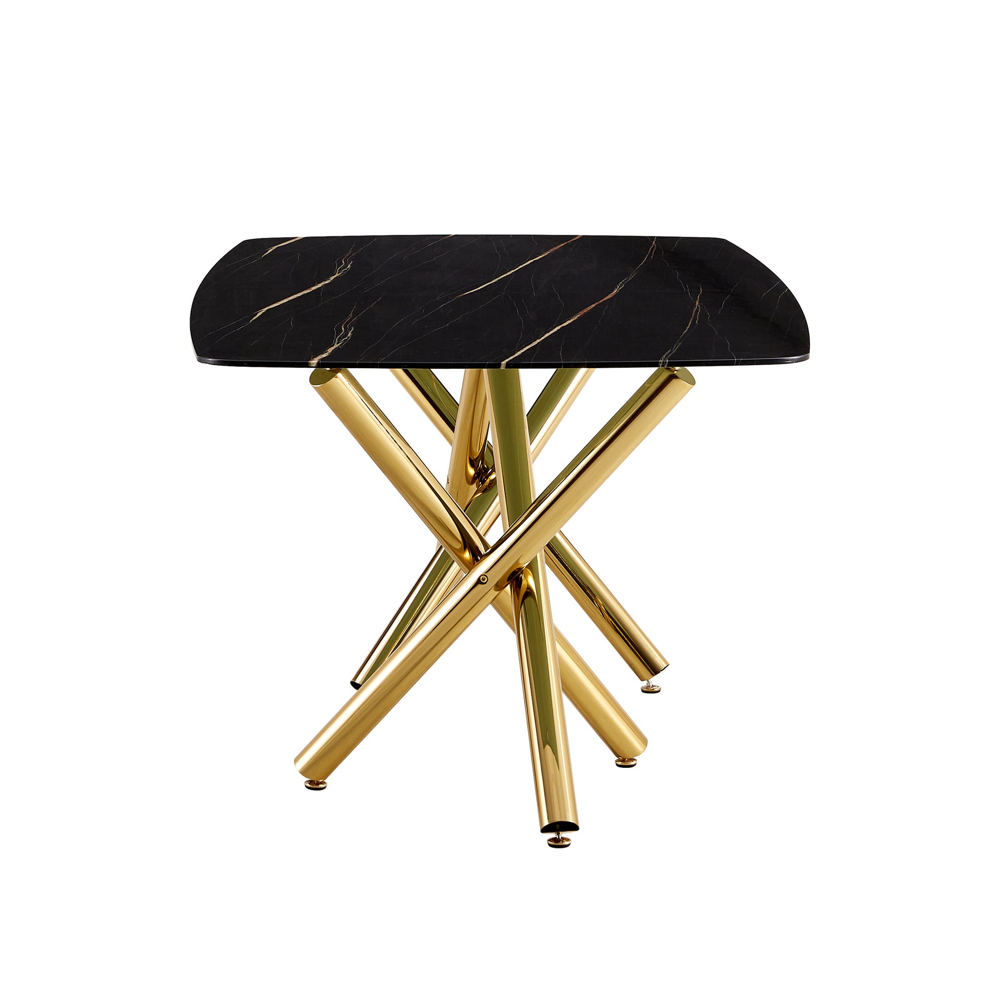 Large Modern Minimalist Rectangular Glass Dining Table 0.39" Fibertempering Glass Imitation Marble Black Desktop And Golden Metal Legs, For Kitchen Dining Living Meeting Room Banquet Hal Black Glass