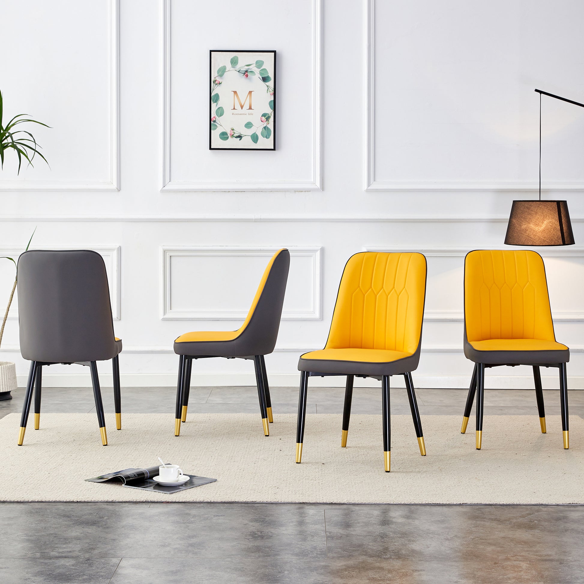 Table And Chair Set, 1 Table, 4 Pu Chairs. White Imitation Marble Pattern Desktop. Black Mdf Table Legs. Chair With Orange Deep Gray Dual Tone Pu Leather Backrest And Black Metal Legs F Sq C 007 White Mdf Glass
