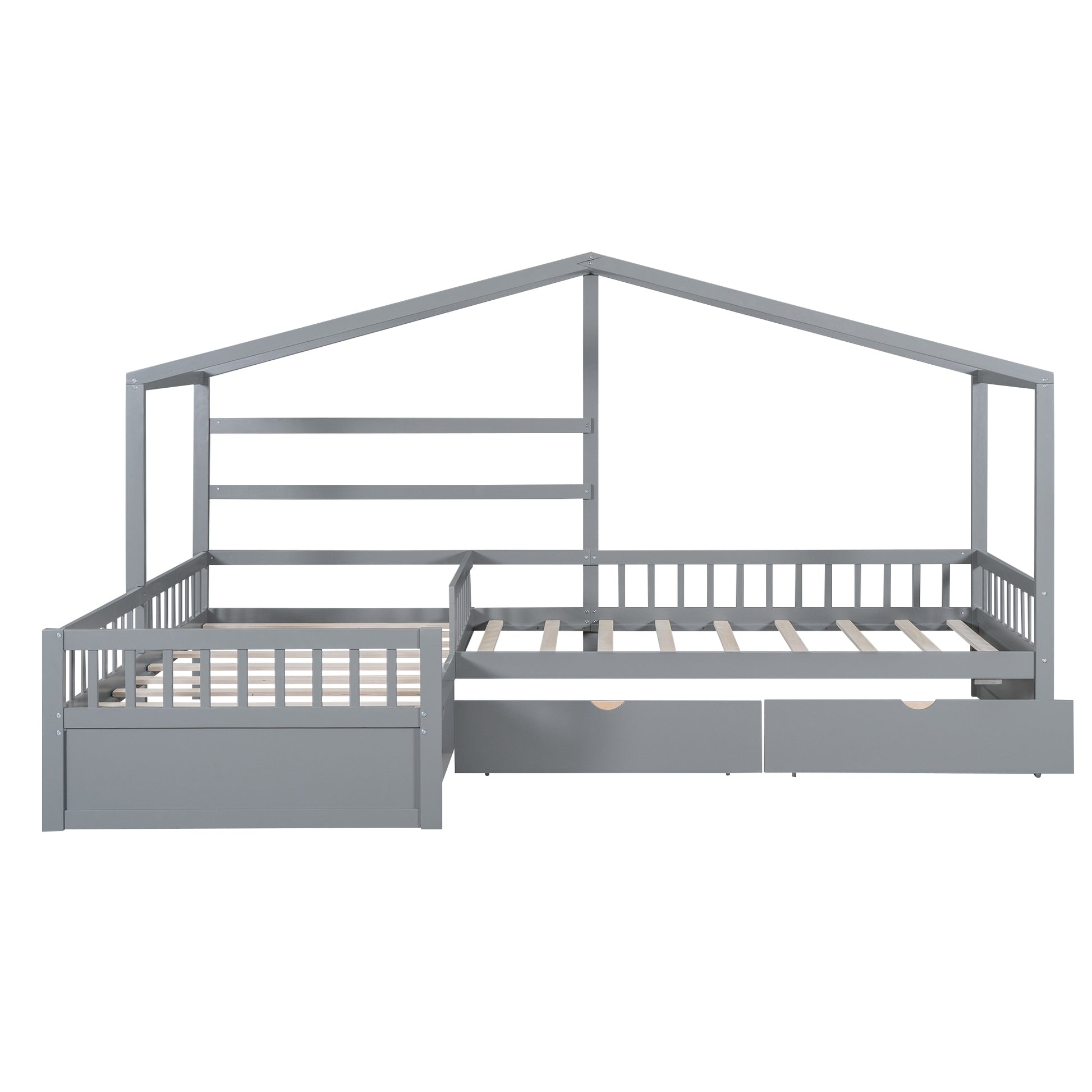 Twin Size House Platform Bed With Three Storage Drawers,Gray Box Spring Not Required Twin Gray Wood Bedroom Pine