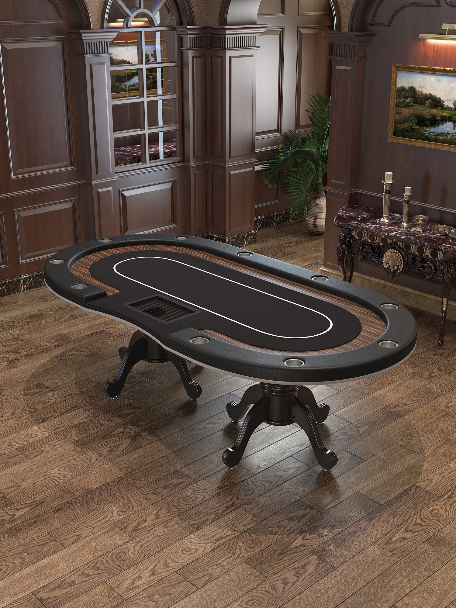 96" Premium Oval Speed Cloth Texas Hold'Em Casino Game Poker Table With Chip Tray Black Wood