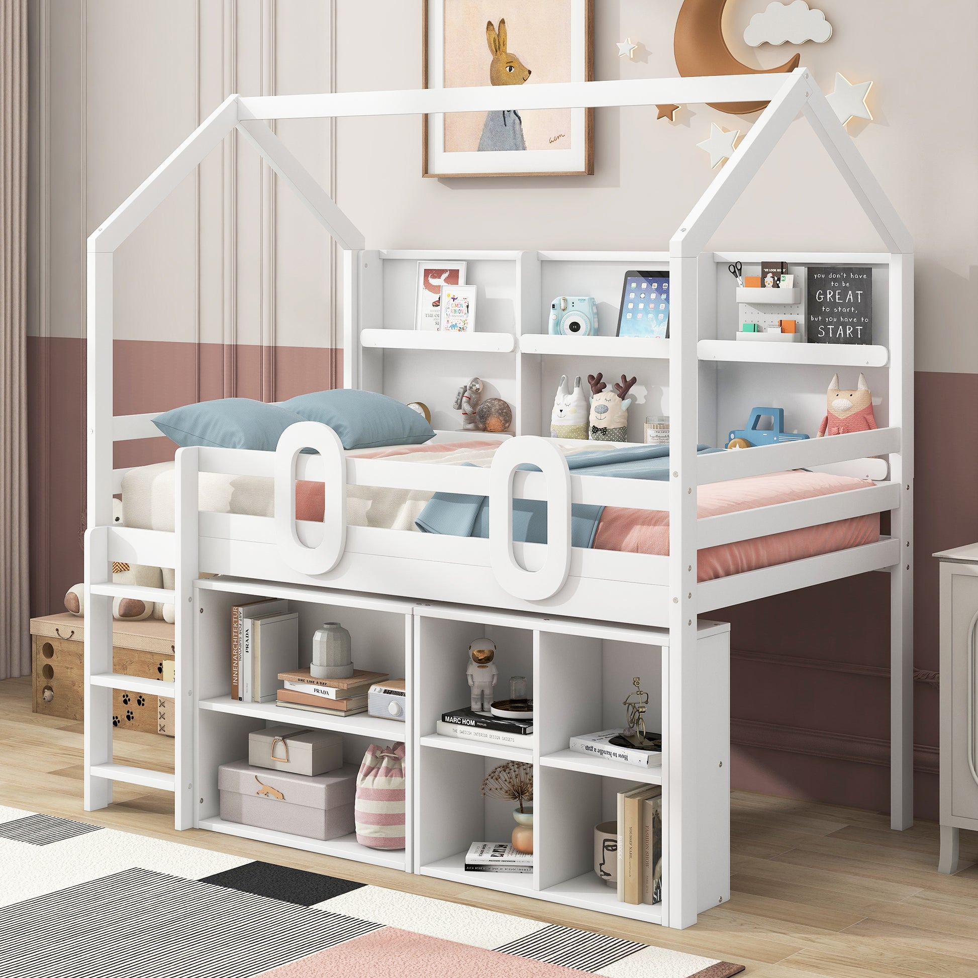 Twin Size House Loft Bed With Multiple Storage Shelves, White Box Spring Not Required White Wood Solid Wood Mdf