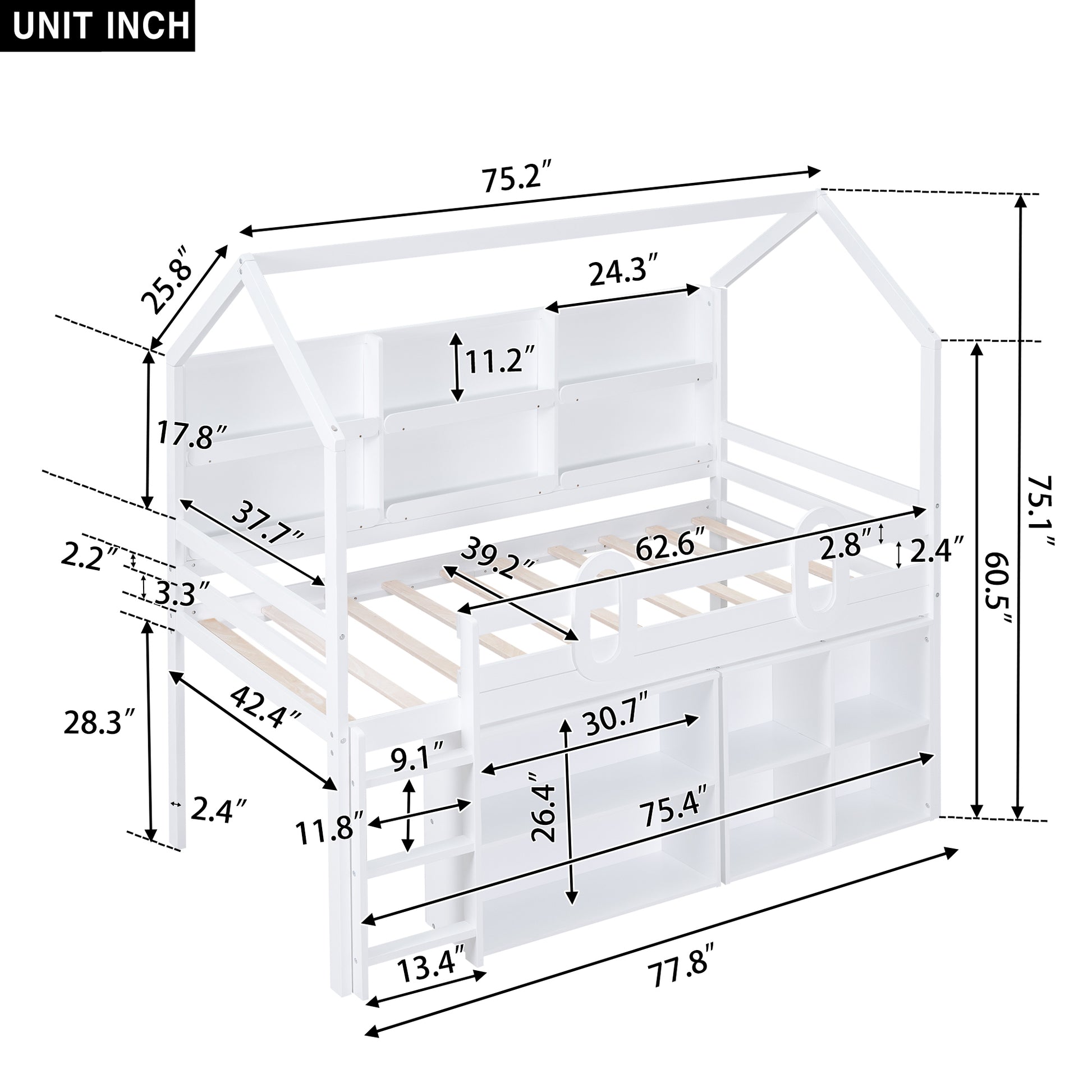 Twin Size House Loft Bed With Multiple Storage Shelves, White Box Spring Not Required White Wood Solid Wood Mdf