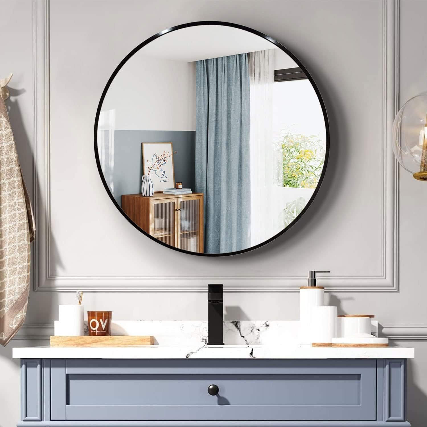 Black 36 In Metal Round Mirror Black Classic,Modern Mdf Glass Aluminium