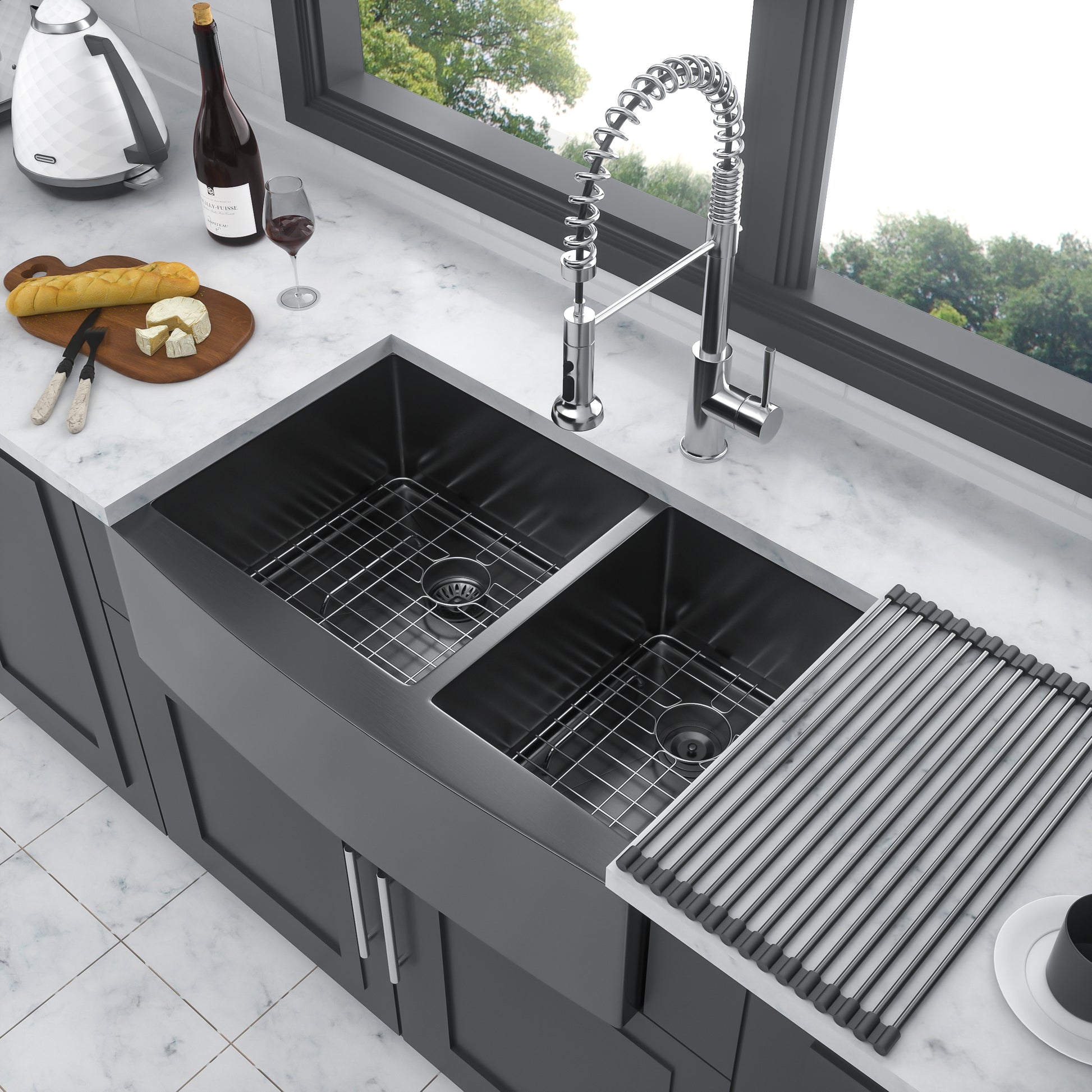 Gunmetal Black Double Bowl 60 40 Farmhouse Sink 36"X21"X10"Stainless Steel Apron Front Kitchen Sink 16 Gauge With Two 10" Deep Basin Gunmetal Black Stainless Steel