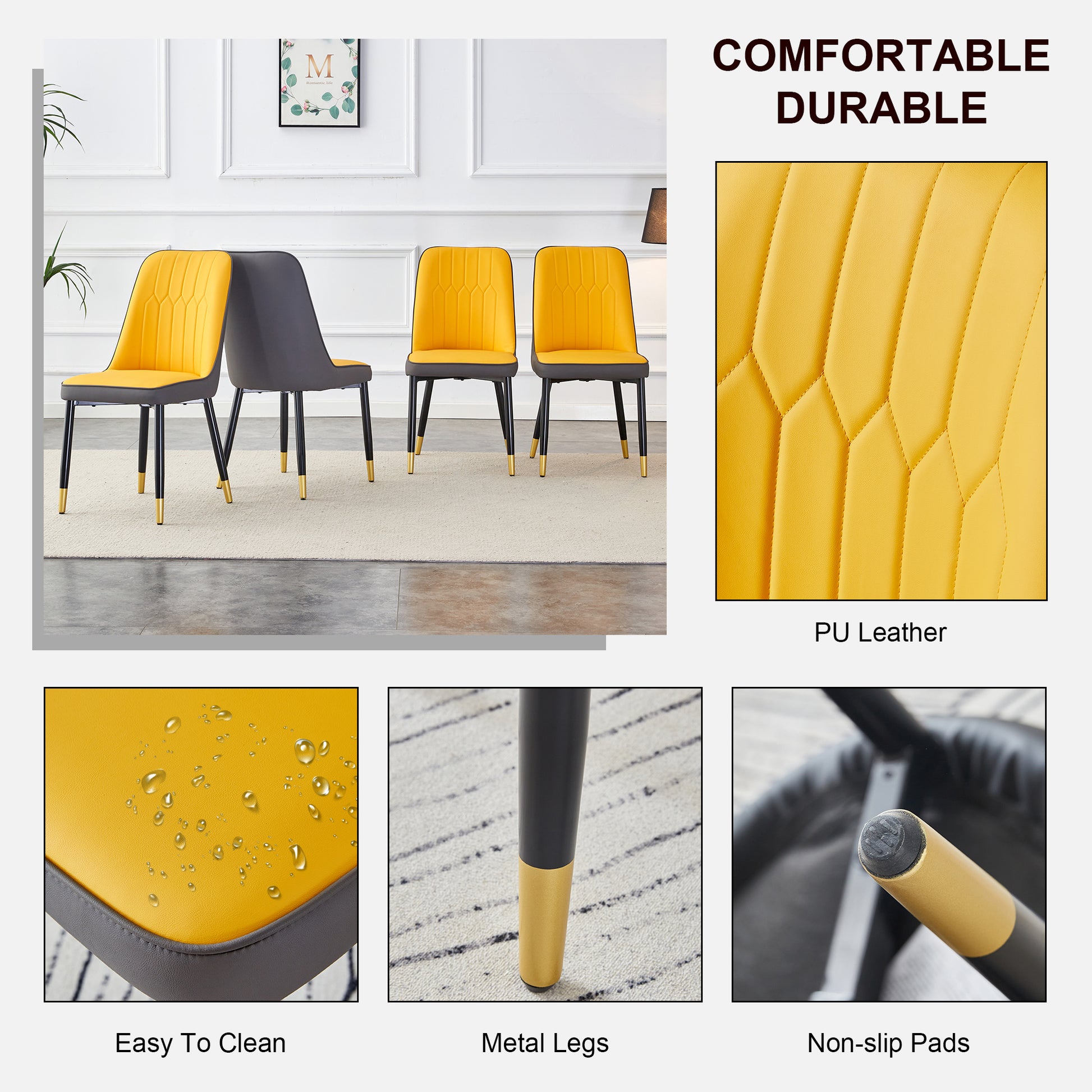 Table And Chair Set, 1 Table, 4 Pu Chairs. White Imitation Marble Pattern Desktop. Black Mdf Table Legs. Chair With Orange Deep Gray Dual Tone Pu Leather Backrest And Black Metal Legs F Sq C 007 White Mdf Glass