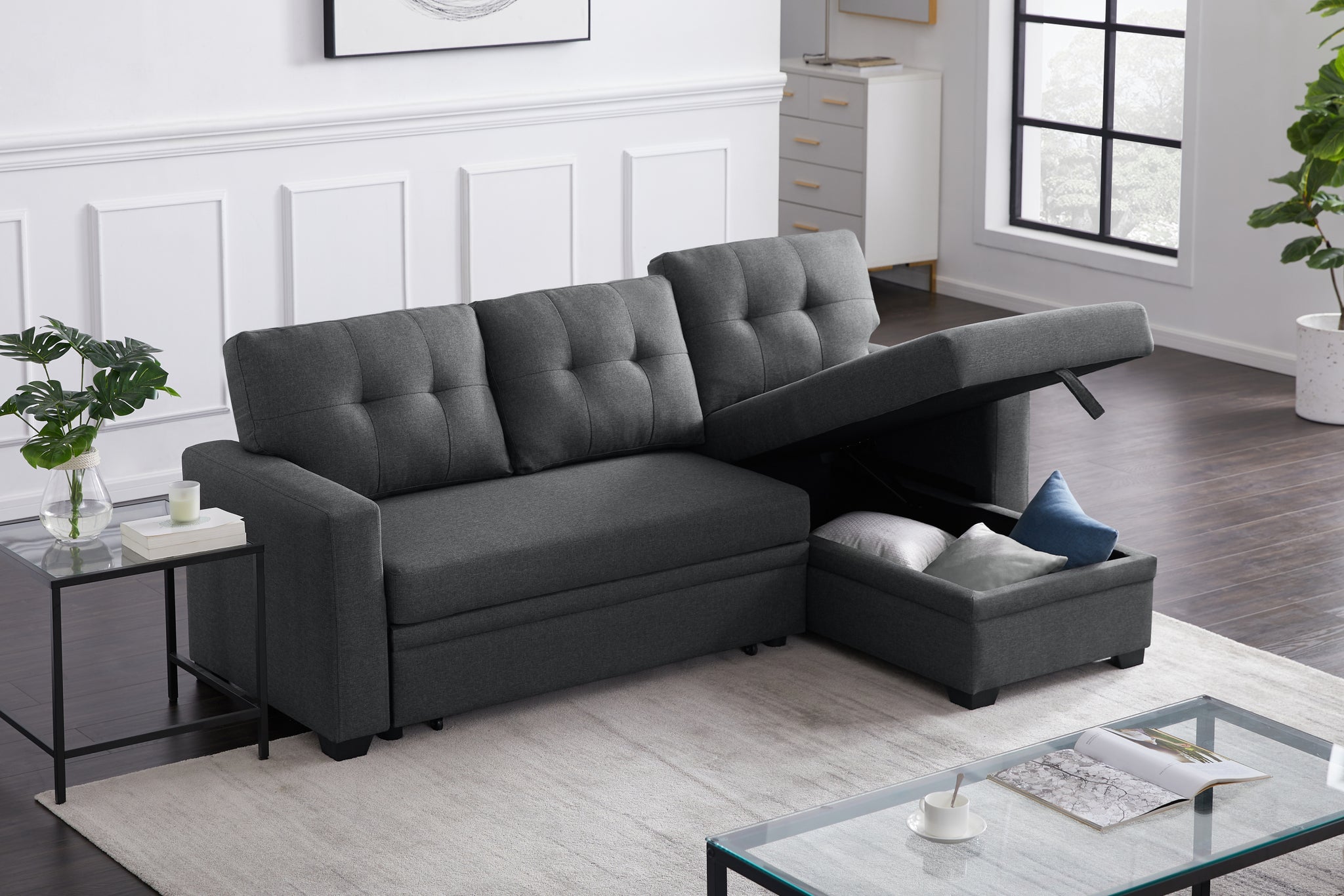 Upholstered Pull Out Sectional Sofa With Chaise Dark Gray Foam Linen