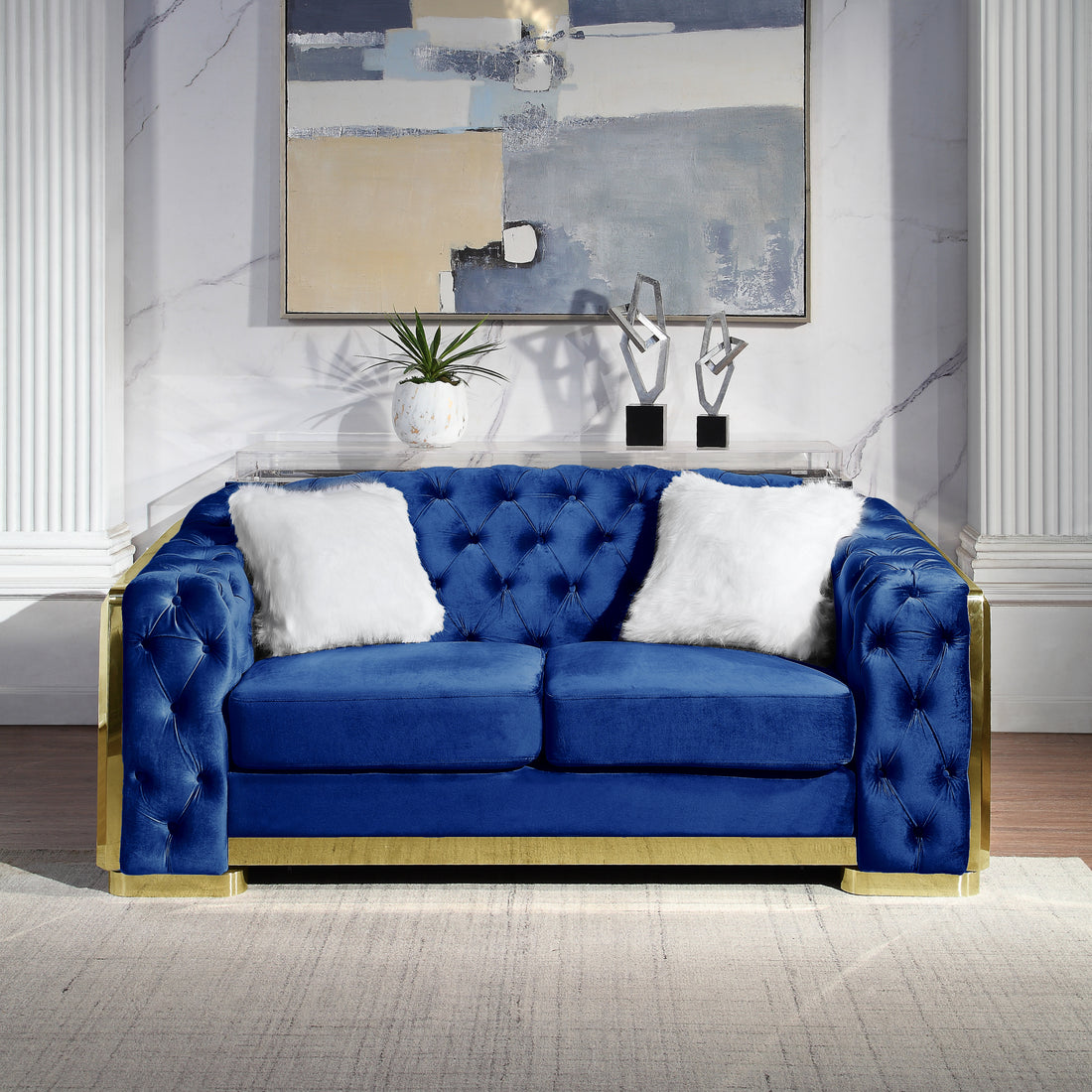 Velvet Stainless Steel Frame Surround Upholstered Loveseat Blue Velvet