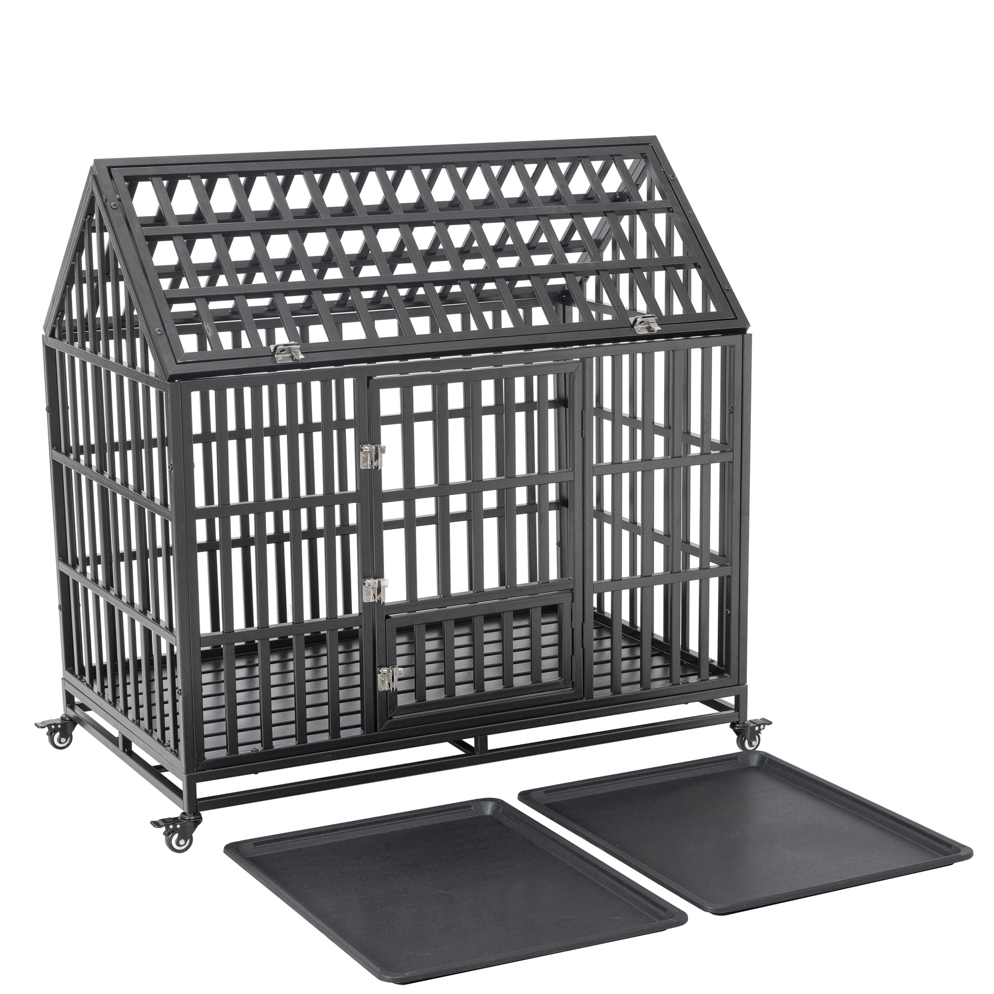 Heavy Duty Dog Cage Pet Crate With Roof & Window On Roof Black Carbon Steel