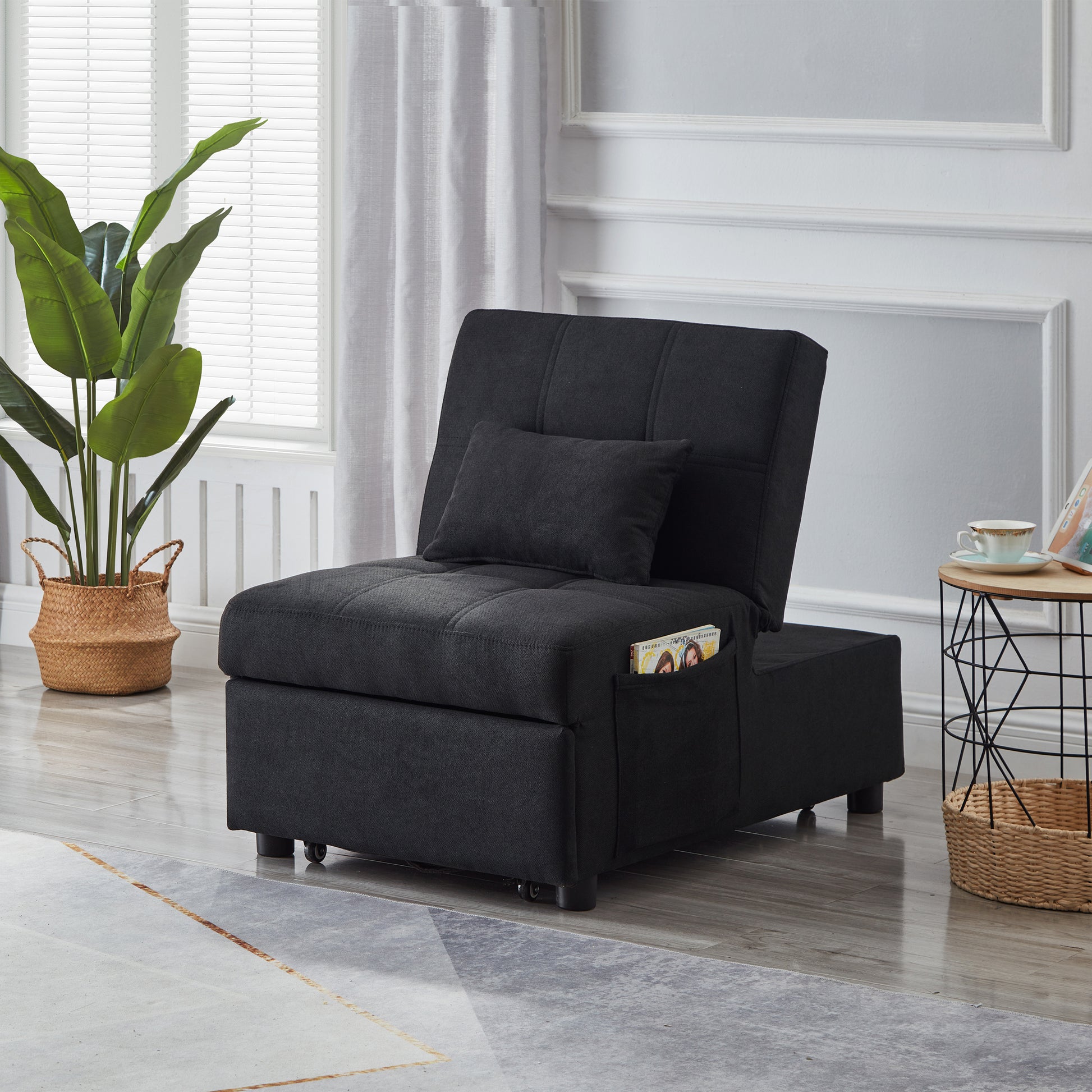 Living Room Bed Room Furniture With Black Linen Fabric Recliner Chair Bed Black Foam Fabric