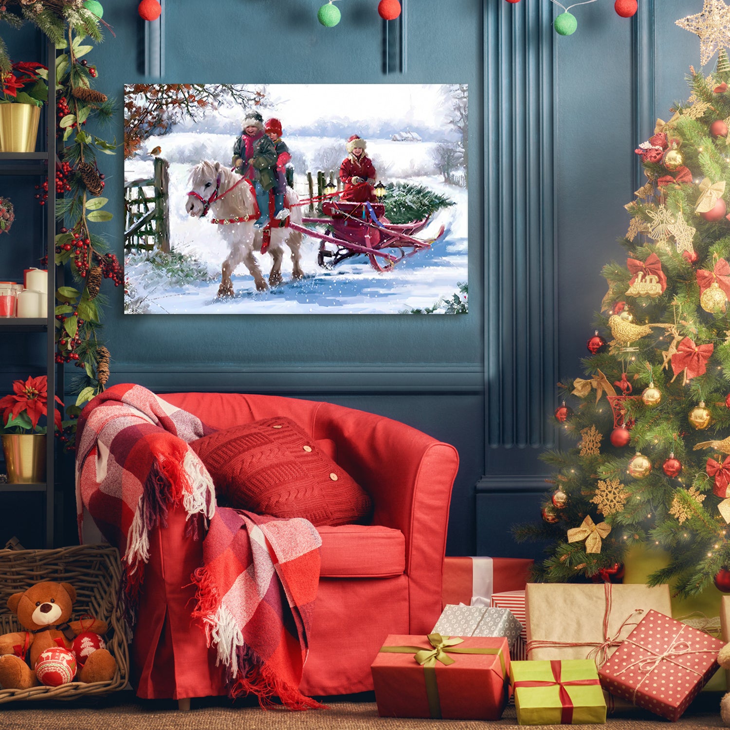 Framed Canvas Wall Art Decor Painting For Chrismas, White Horse With Sledge Chrismas Gift Painting For Chrismas Gift, Decoration For Chrismas Eve Office Living Room, Bedroom Decor Ready To Hang Rectangle Framed Multicolor Christmas Oversized 41In Canvas