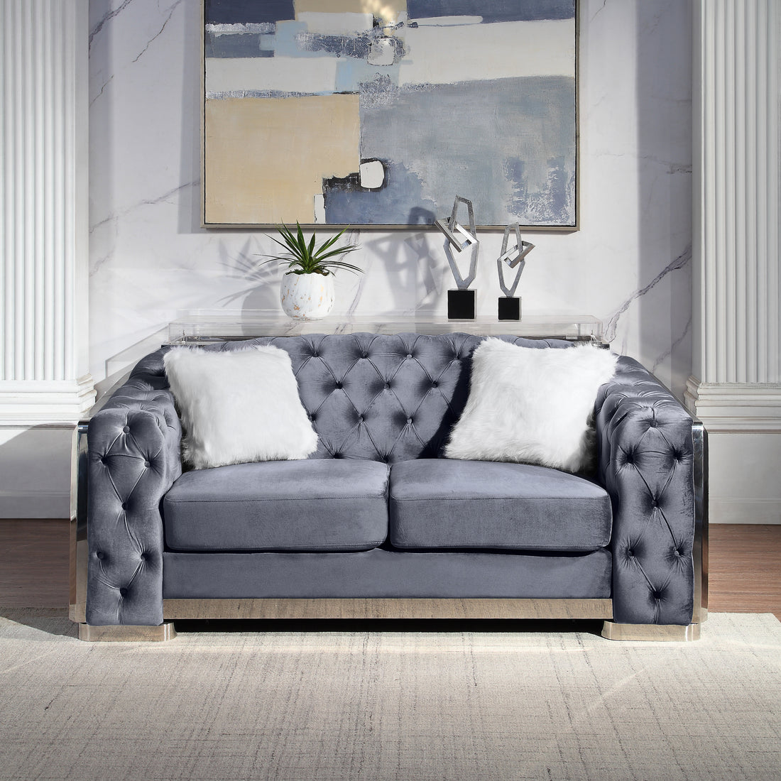 Velvet Stainless Steel Frame Surround Upholstered Loveseat Grey Velvet