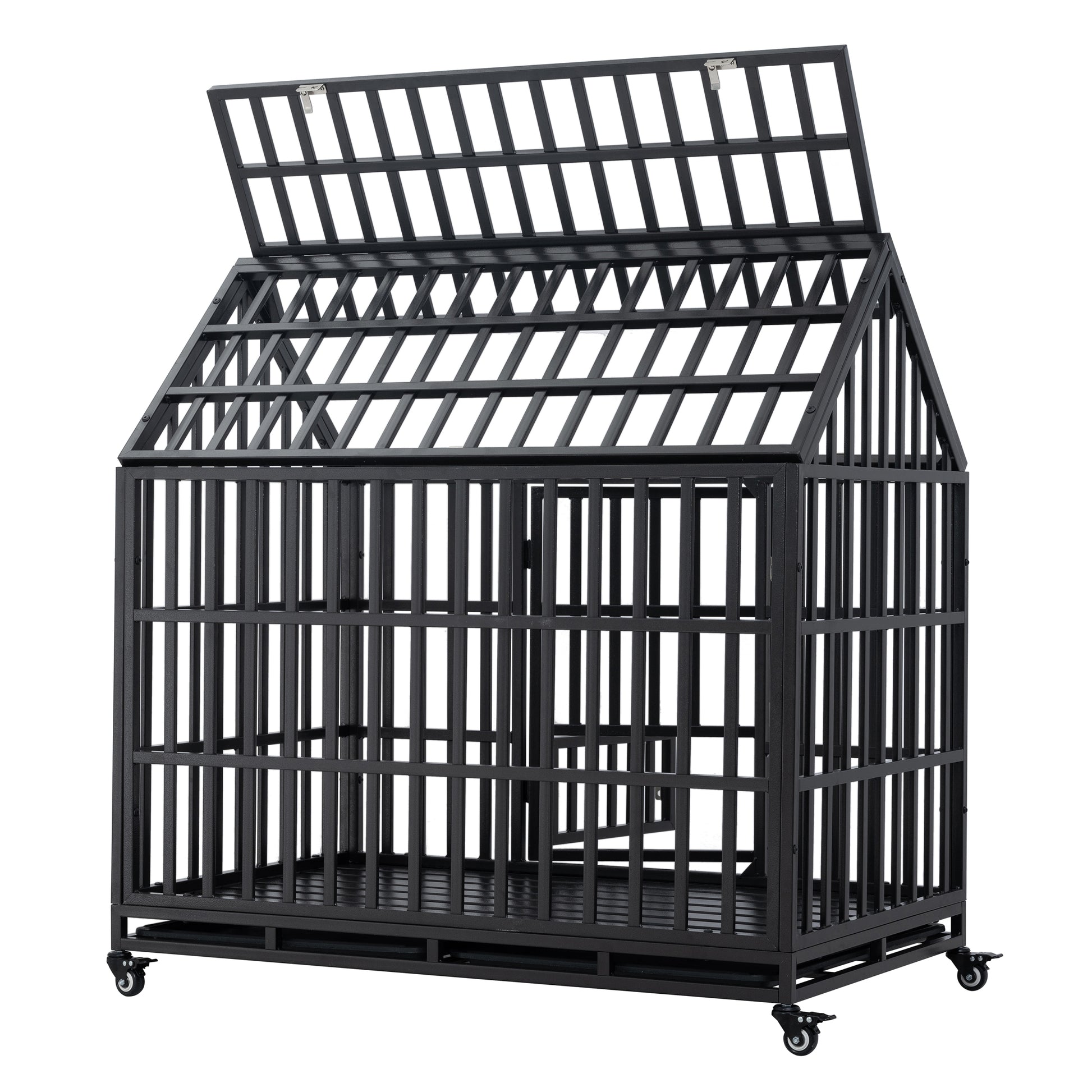 Heavy Duty Dog Cage Pet Crate With Roof & Window On Roof Black Carbon Steel