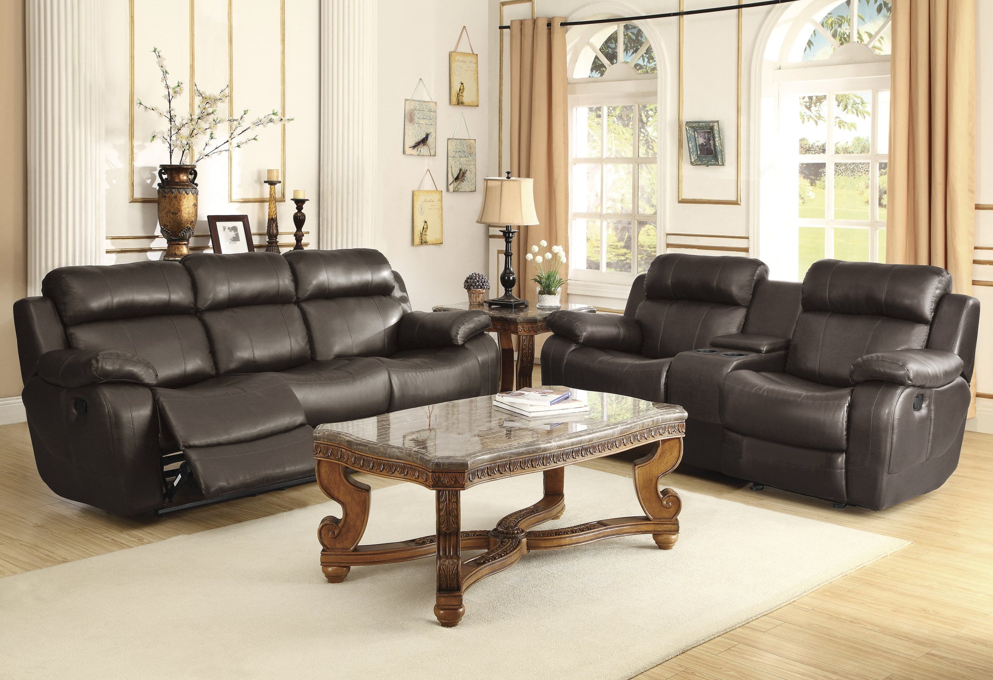 Contemporary Brown Faux Leather Upholstered 1Pc Double Reclining Sofa W Center Drop Down Cup Holder Living Room Furniture Brown Faux Leather Wood Primary Living Space Pillow Top Arms Solid Wood 3 Seat