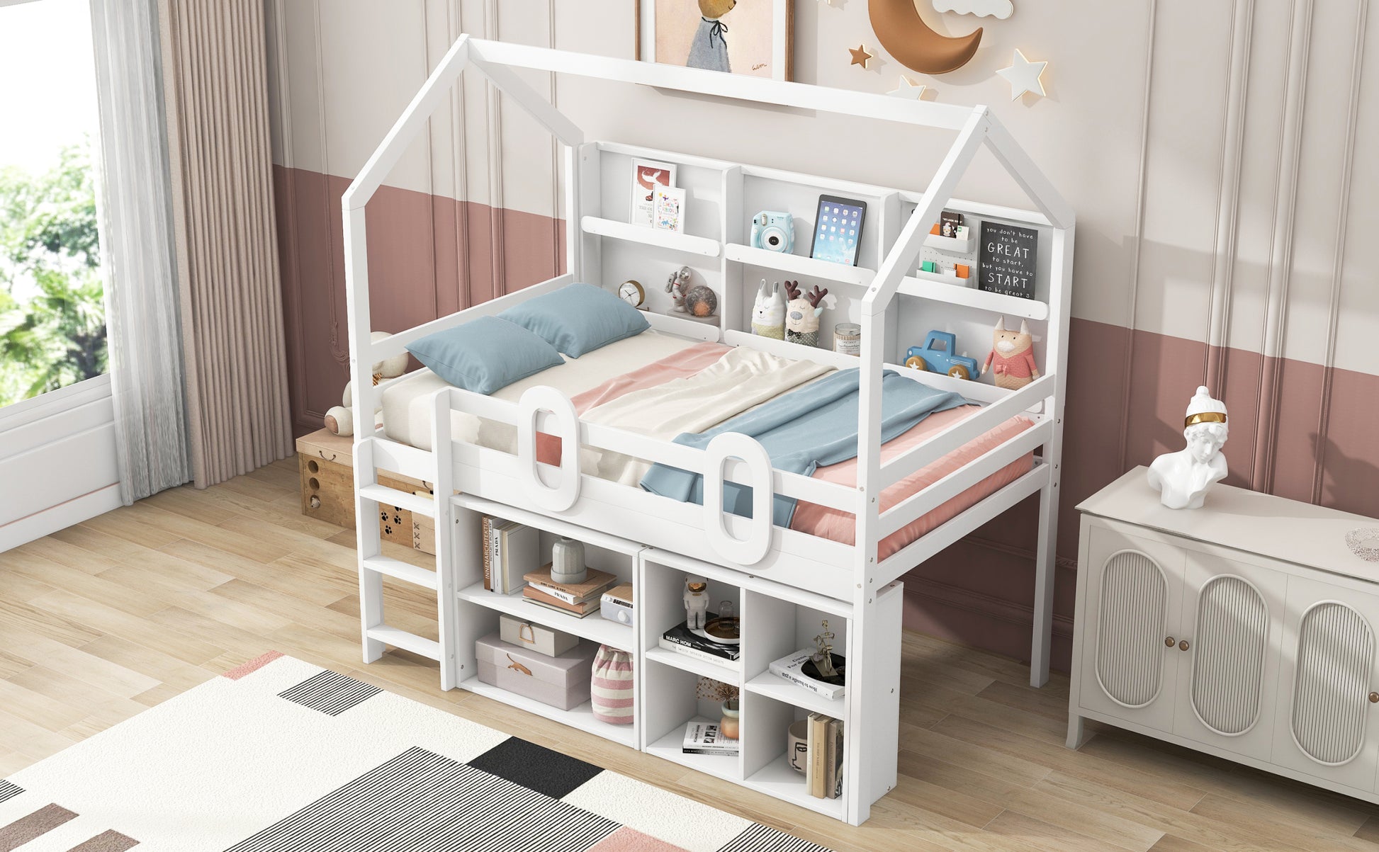 Twin Size House Loft Bed With Multiple Storage Shelves, White Box Spring Not Required White Wood Solid Wood Mdf