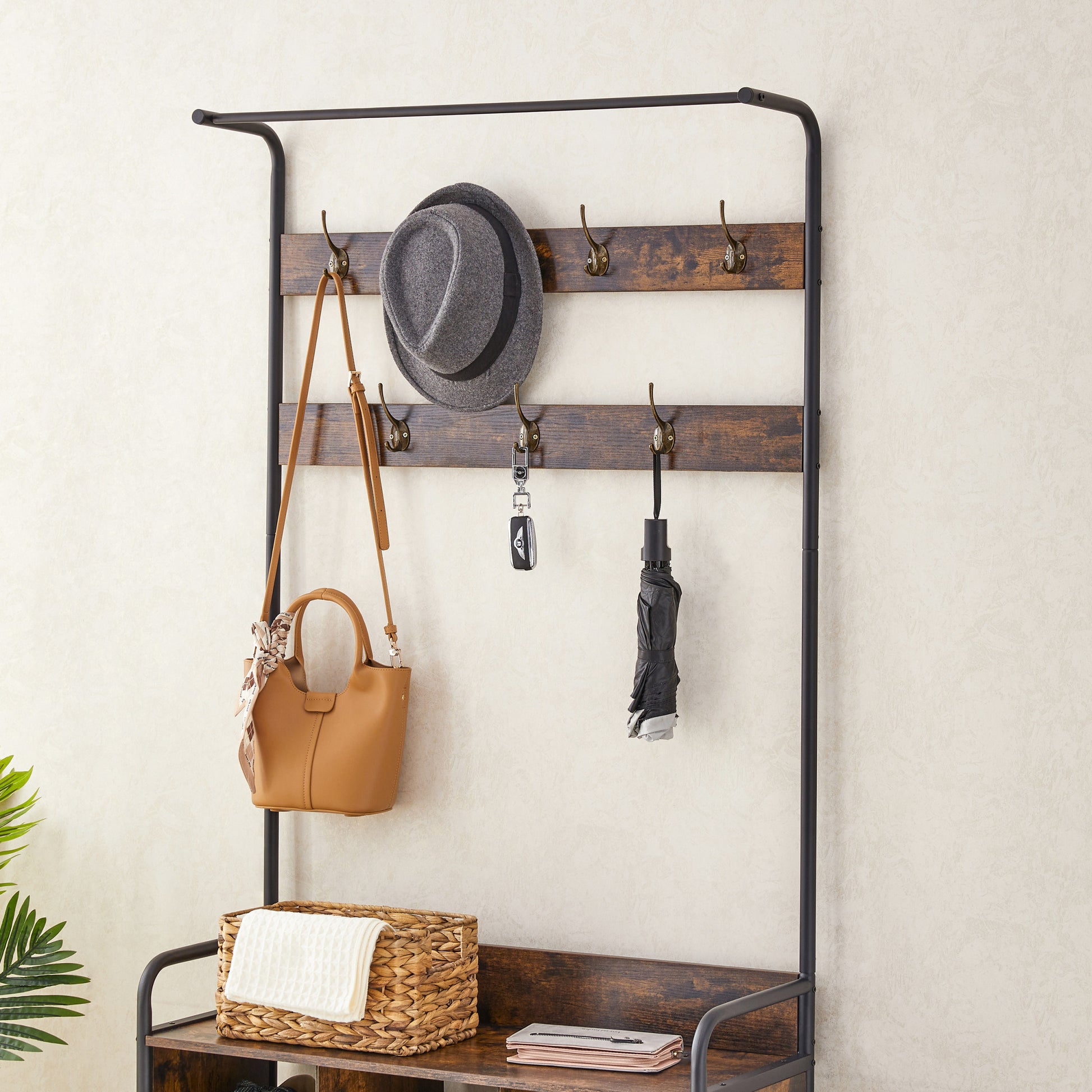 Coat Rack, Hall Tree With Shoe Rack For Entryway, 3 In 1 Entryway Coat Rack And Storage Rack, With 7 Hooks, A Hanging Rod Antique Brown Brown Primary Living Space American Design,American Traditional,Antique Metal & Wood Metal & Wood