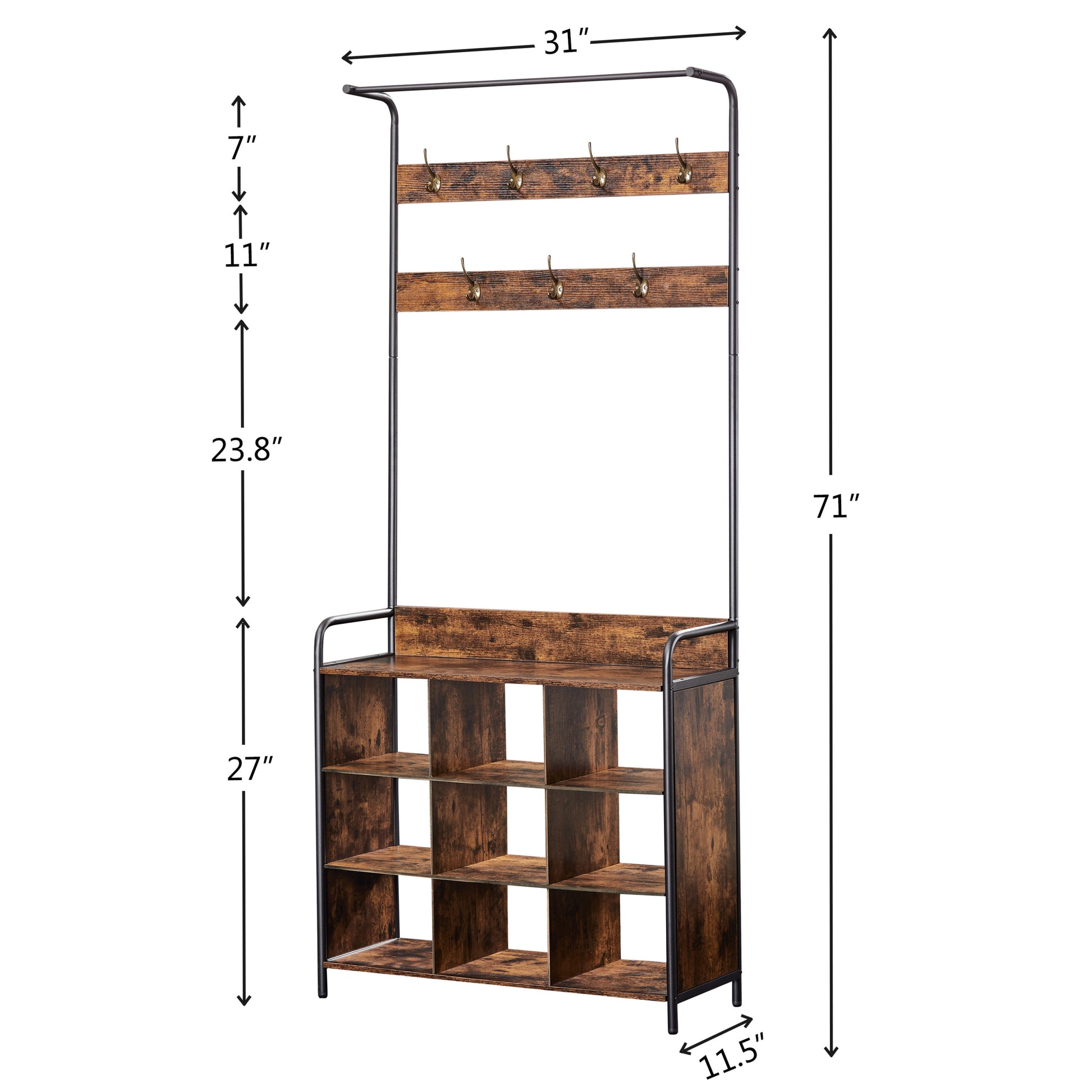 Coat Rack, Hall Tree With Shoe Rack For Entryway, 3 In 1 Entryway Coat Rack And Storage Rack, With 7 Hooks, A Hanging Rod Antique Brown Brown Primary Living Space American Design,American Traditional,Antique Metal & Wood Metal & Wood