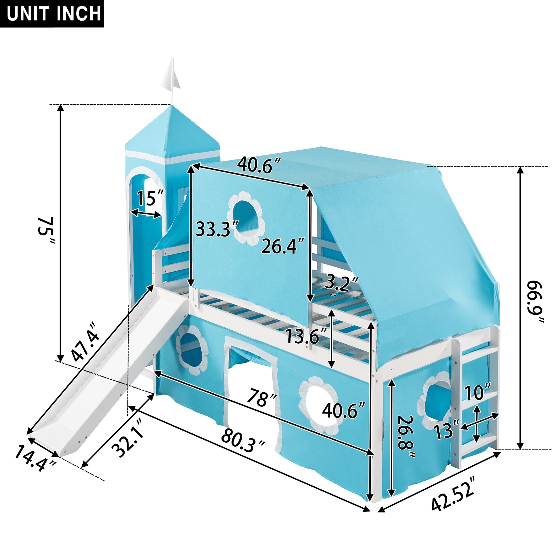 Twin Size Loft Bed With Slide Blue Tent And Tower Blue Twin Blue Solid Wood Mdf