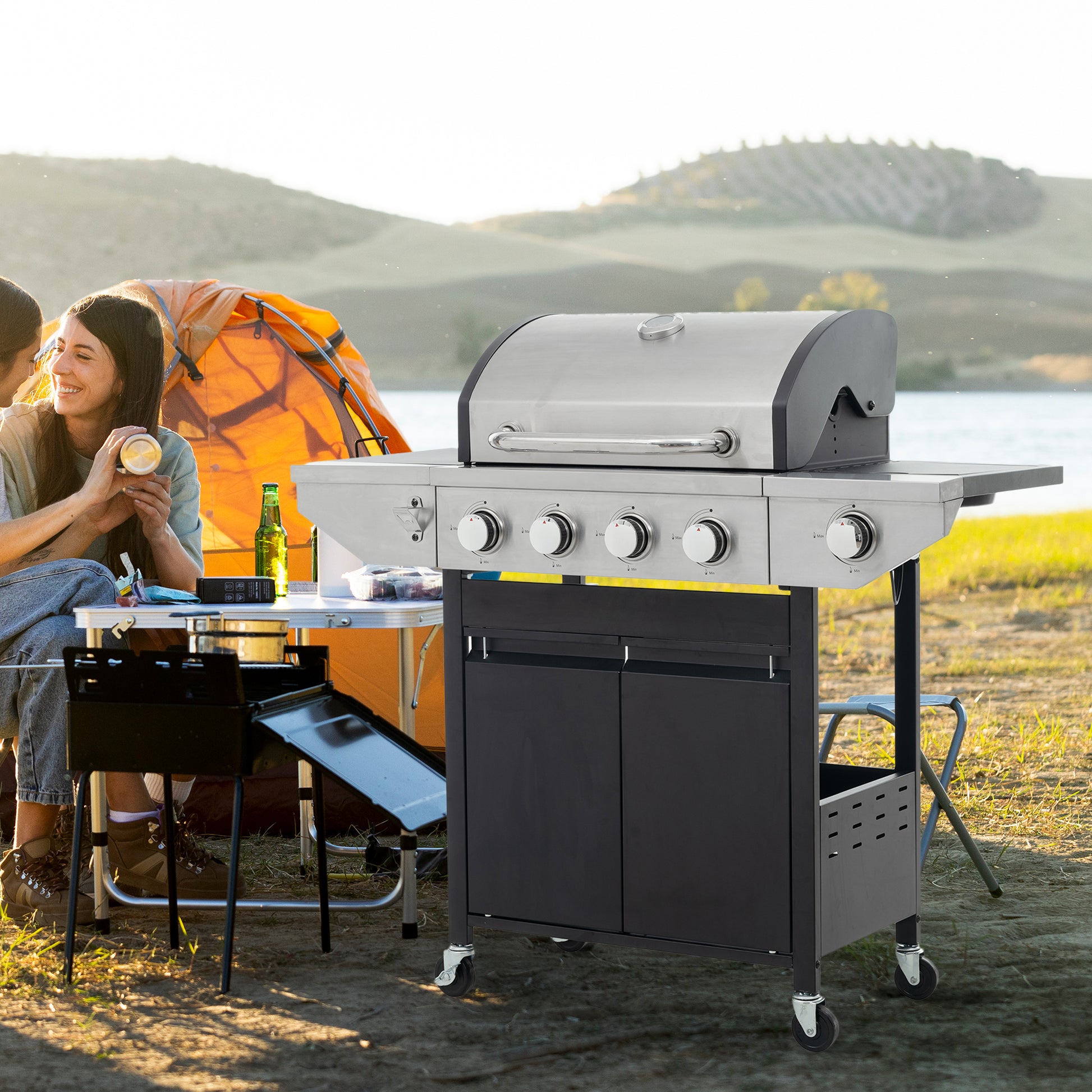Propane Grill 4 Burner Barbecue Grill Stainless Steel Gas Grill With Side Burner, 46,500 Btu Outdoor Cooking, Patio, Garden Barbecue Grill, Black And Silver Silver Stainless Steel