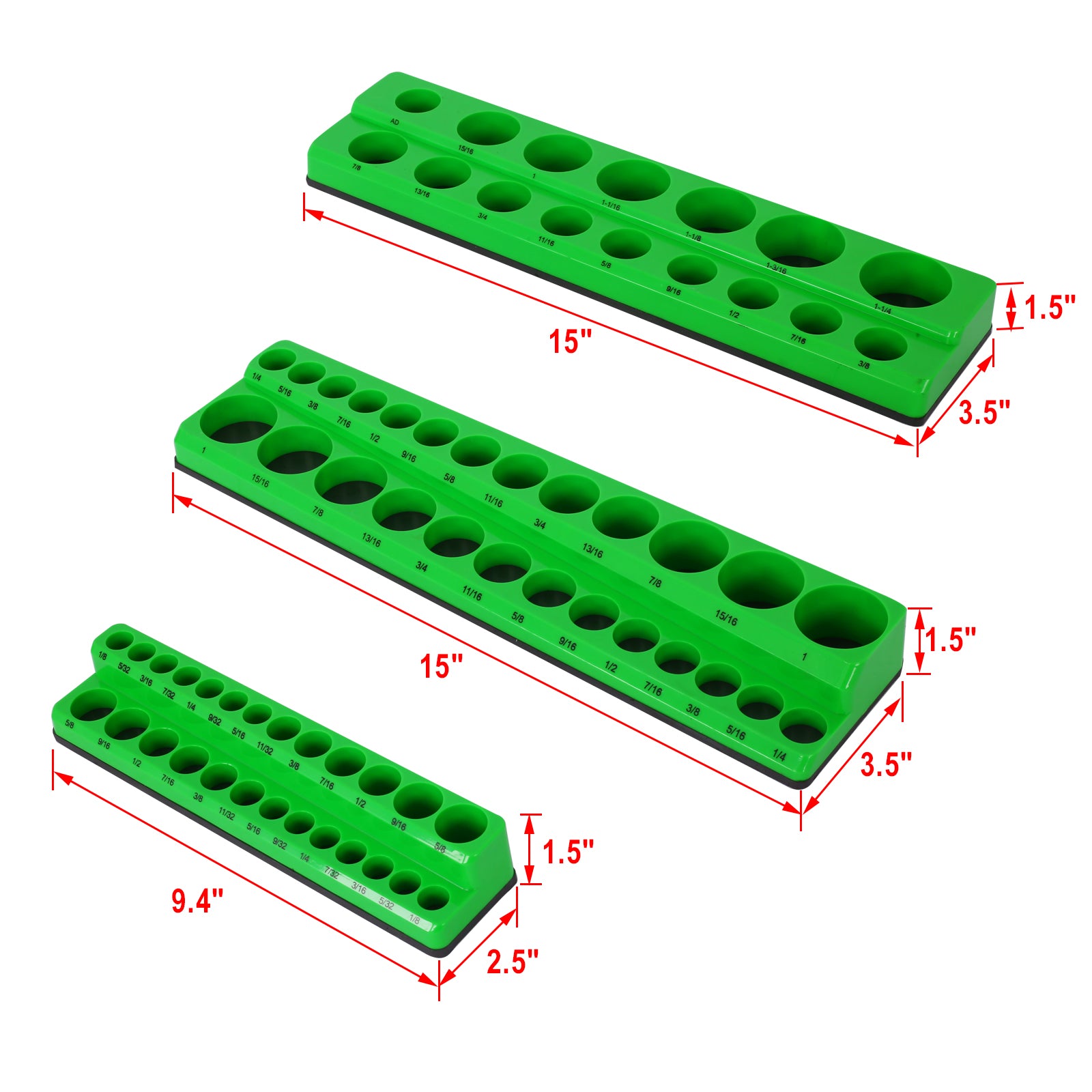 3 Piece Sae Magnetic Socket Organizers, Socket Organizers For Toolboxes, Socket Organizer, Magnetic Socket Holder, Black Tool Box Organizer,Green,Sae Green Plastic