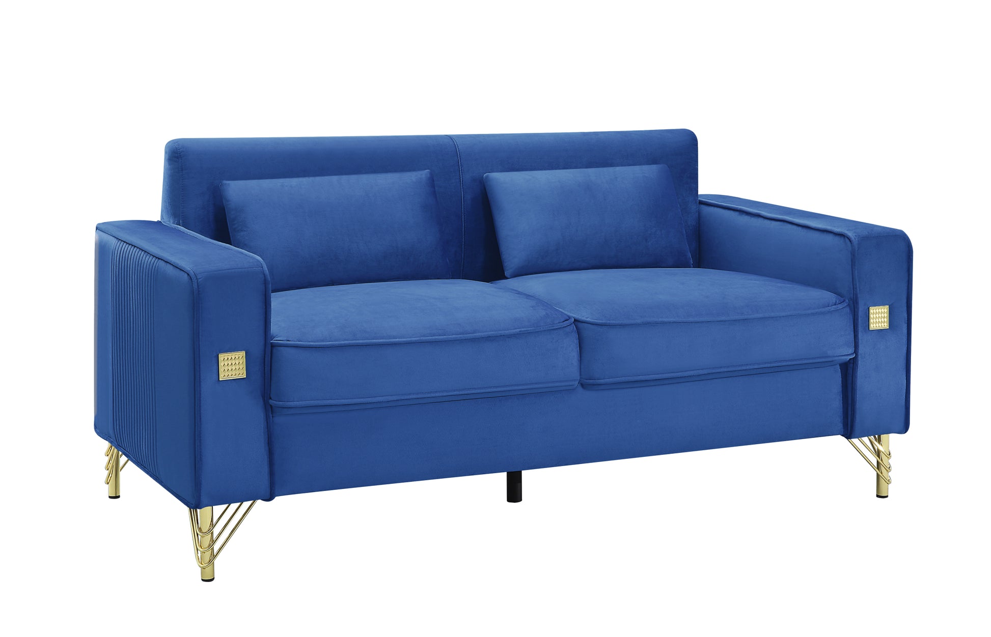 Velvet Loveseat With Pillows And Gold Finish Metal Leg For Living Room Dark Blue Velvet