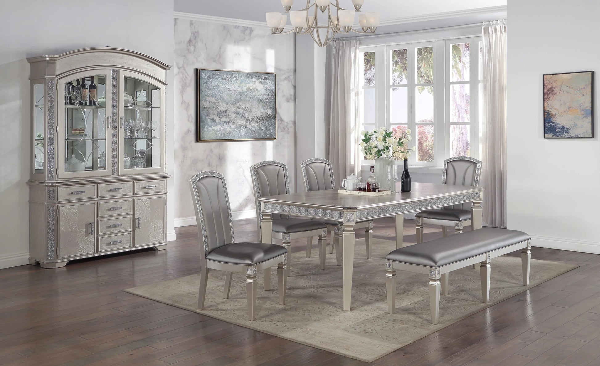 Modern Glam 1Pc Dining Table Silver Gray Finish 18" Extension Leaf With Sparkling Accents Casual Dining Room Furniture Gray Dining Room Modern Wood