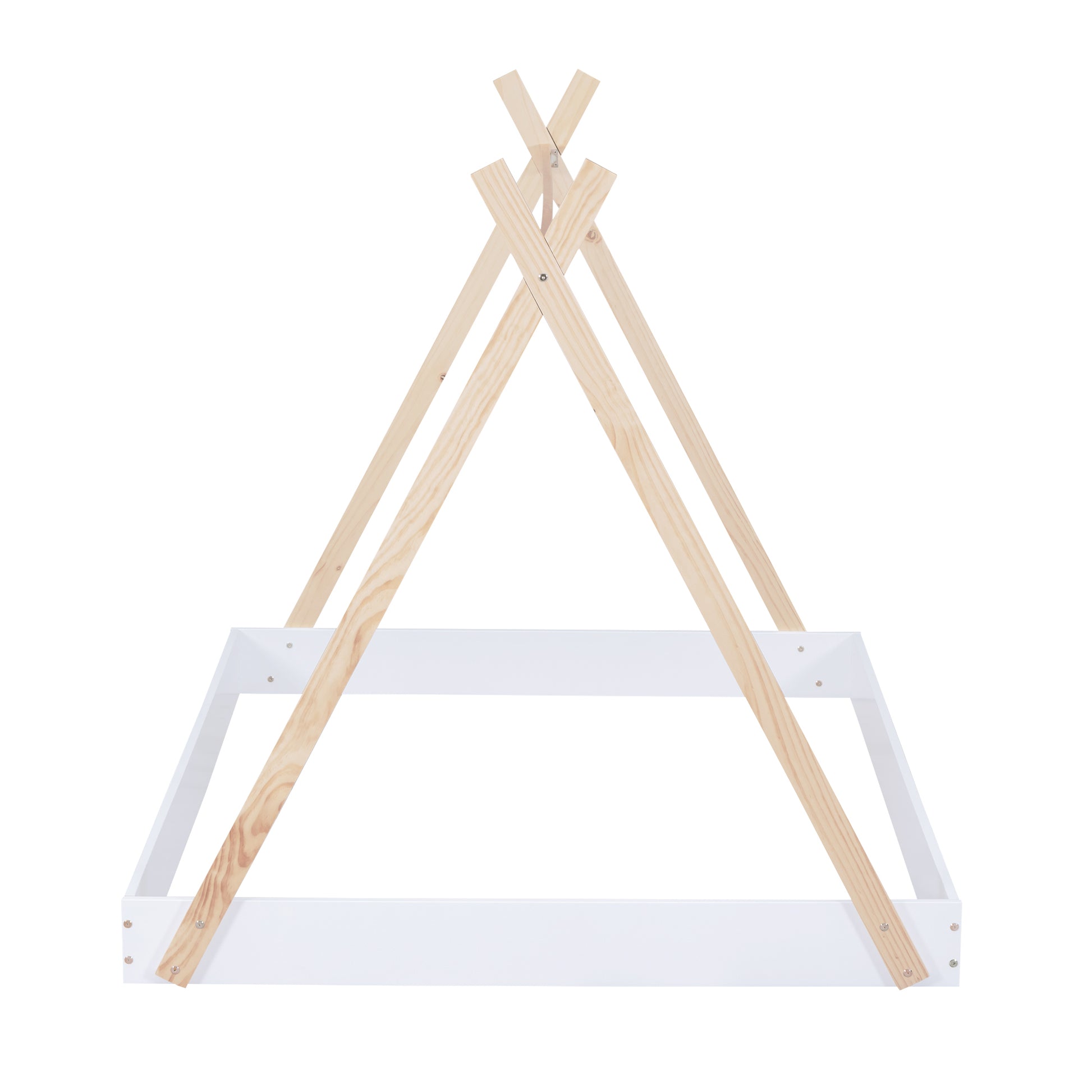 Full Size Tent Floor Bed With Triangle Structure, White Natural Full Box Spring Not Required White Wood Wood