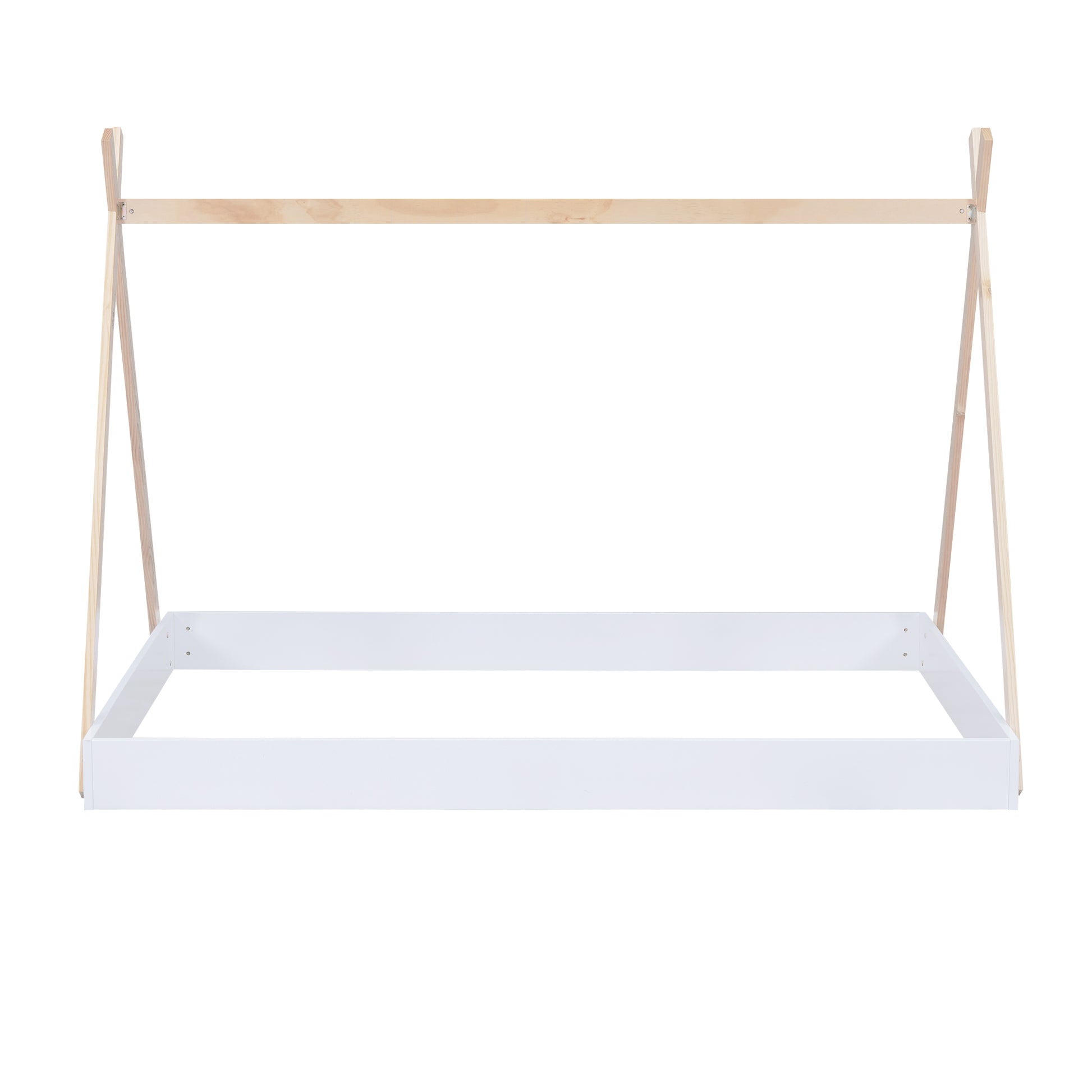 Full Size Tent Floor Bed With Triangle Structure, White Natural Full Box Spring Not Required White Wood Wood