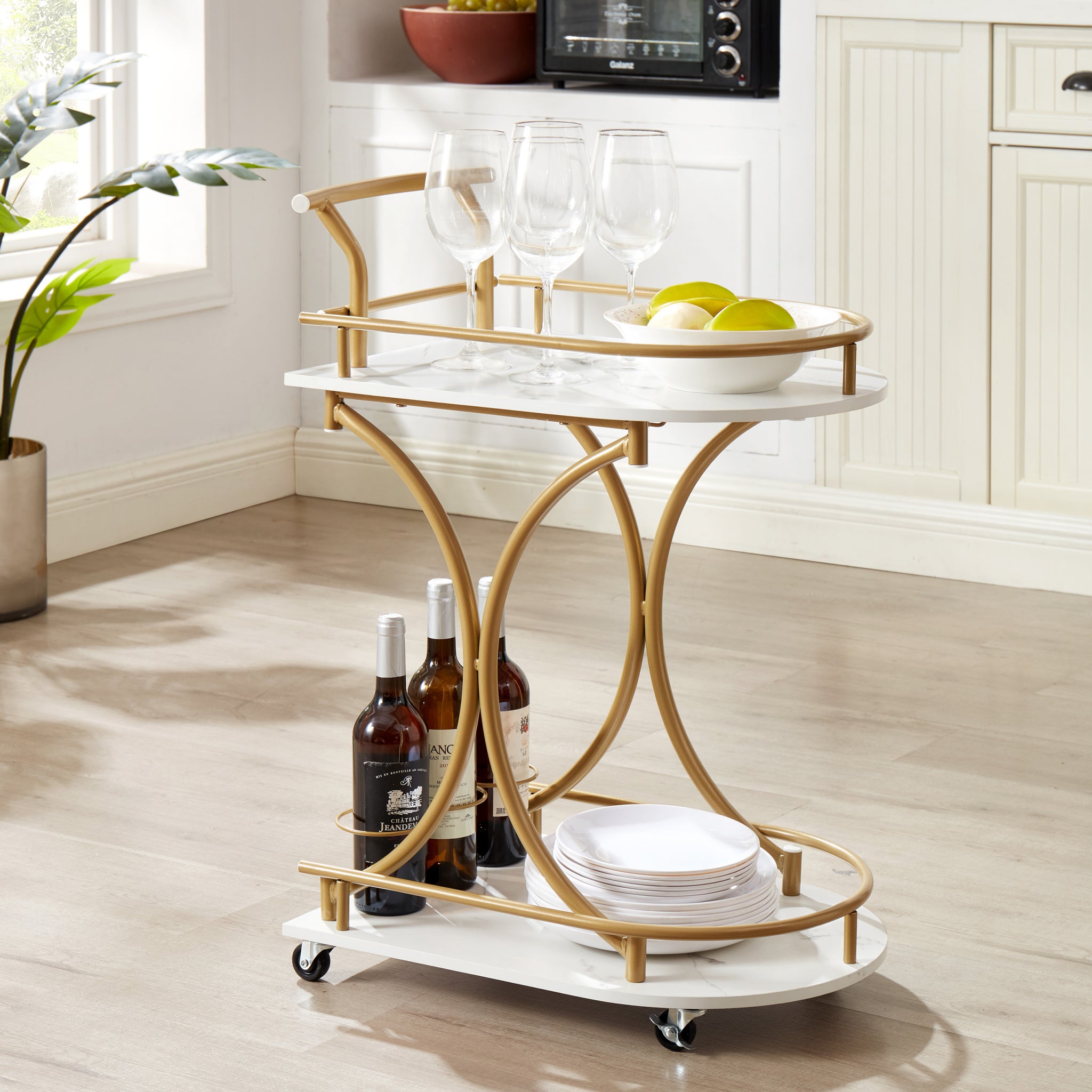 2 Tier Bar Cart, Mobile Bar Serving Cart, Industrial Style Wine Cart For Kitchen, Beverage Cart With Wine Rack And Glass Holder, Rolling Drink Trolley For Living Room Golden Metal Metal