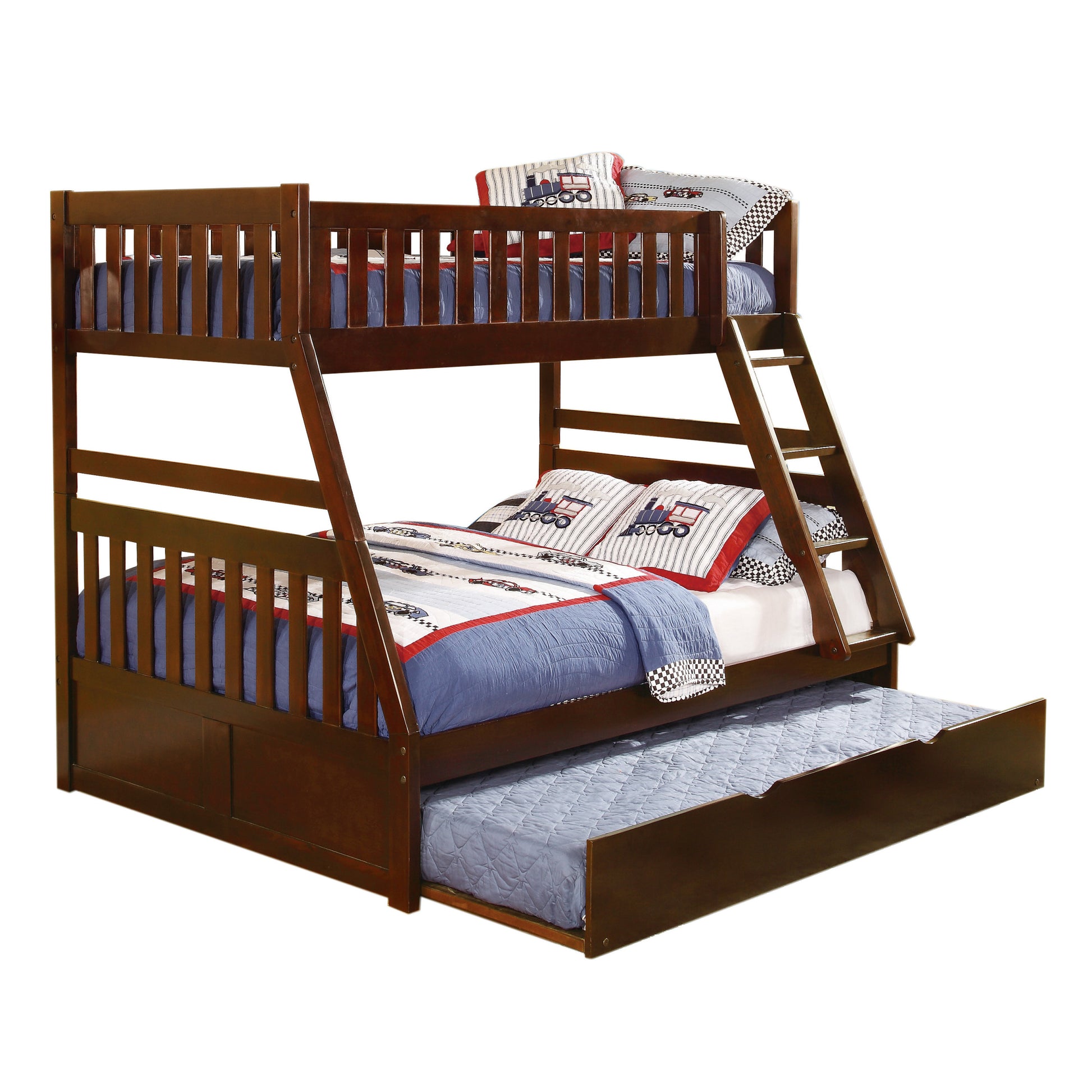 1Pc Twin Full Bunk Bed With Twin Trundle Dark Cherry Finish Wooden Bedroom Furniture Box Spring Not Required Brown Mix Bedroom Transitional Bunk Wood