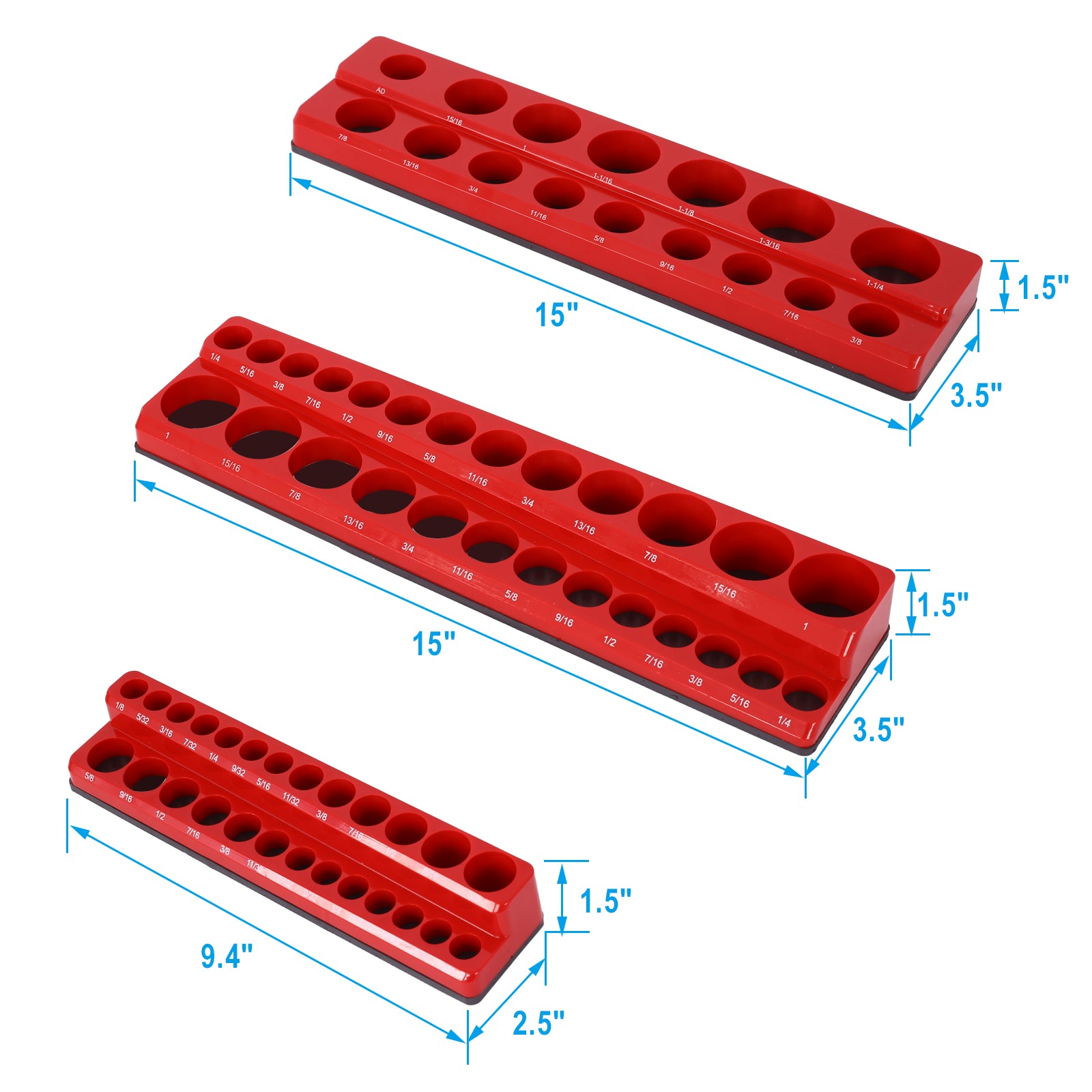 3 Piece Sae Magnetic Socket Organizers, Socket Organizers For Toolboxes, Socket Organizer, Magnetic Socket Holder, Black Tool Box Organizer,Red,Sae Red Plastic