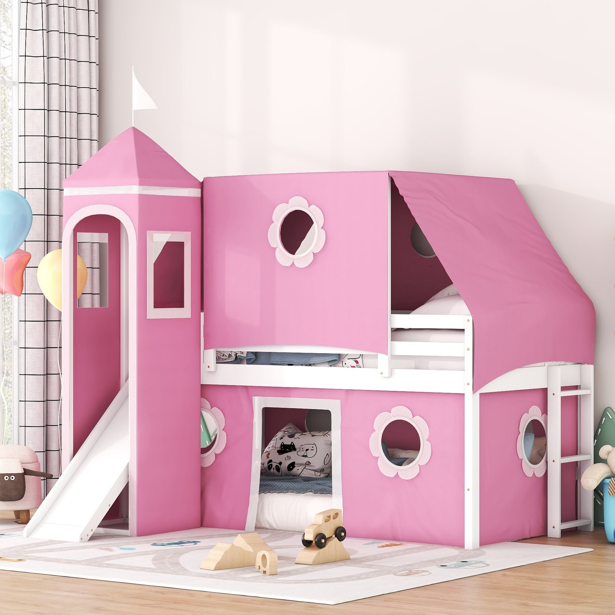 Twin Size Loft Bed With Slide Pink Tent And Tower Pink Twin Pink Solid Wood Mdf