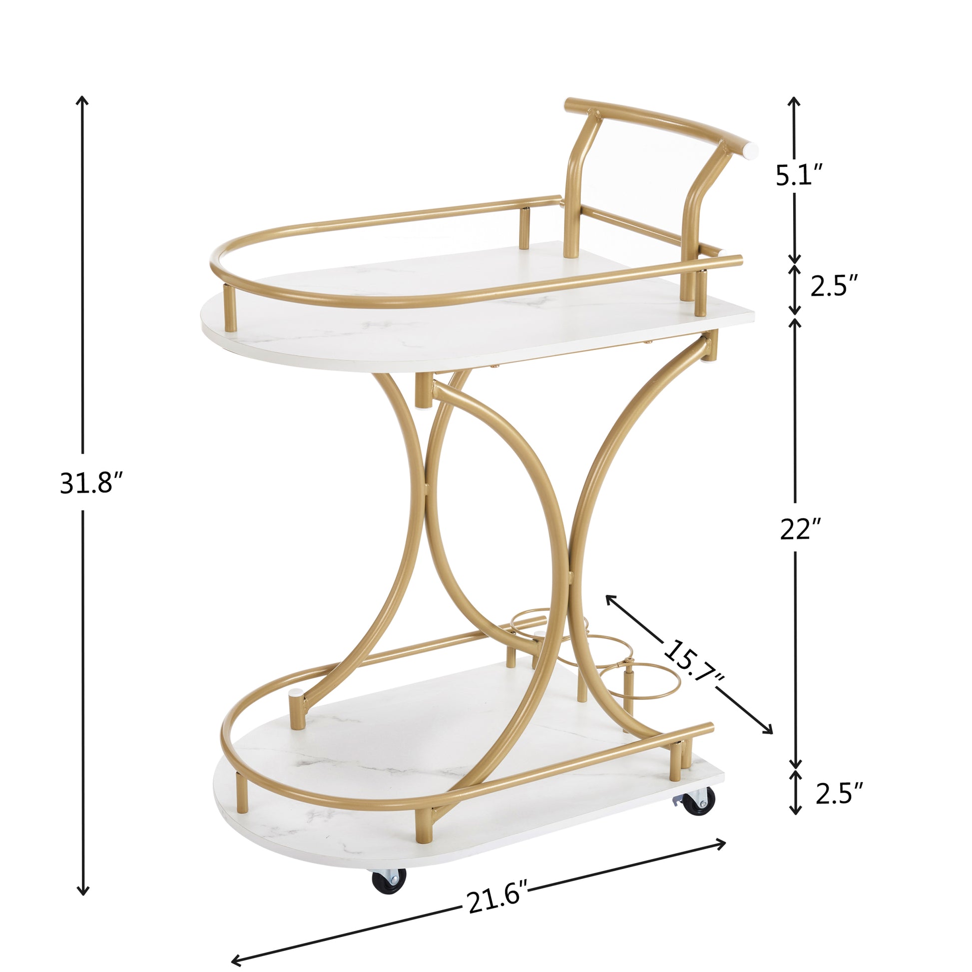 2 Tier Bar Cart, Mobile Bar Serving Cart, Industrial Style Wine Cart For Kitchen, Beverage Cart With Wine Rack And Glass Holder, Rolling Drink Trolley For Living Room Golden Metal Metal