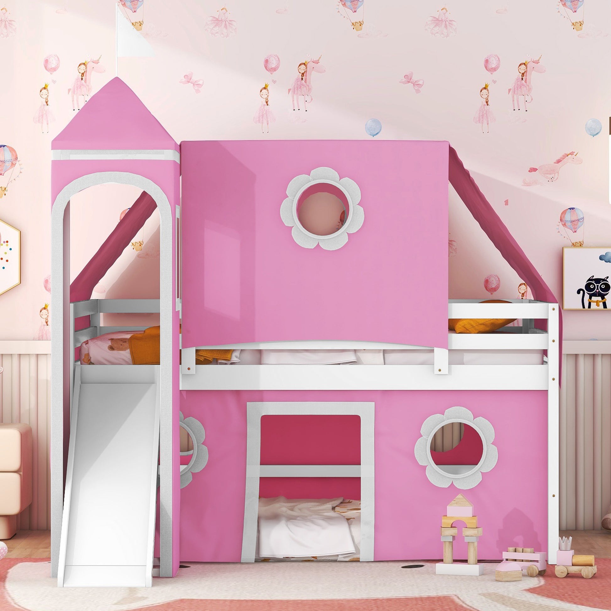 Full Size Loft Bed With Slide Pink Tent And Tower Pink Full Pink Solid Wood Mdf